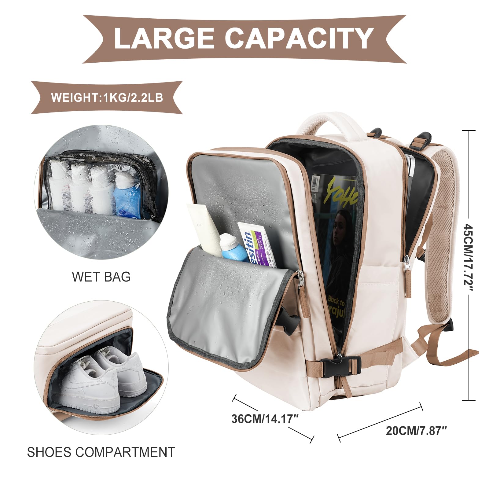 SZLX Zaino Ryanair 40x20x25 Donna Zaino da Viaggio Bagaglio a Mano 20L Uomo Borse da cabina 45x36x20 Easyjet Travel Backpack Adatto a laptop da 14 Pollici con scomparto per scarpe per Lavoro e Scuola