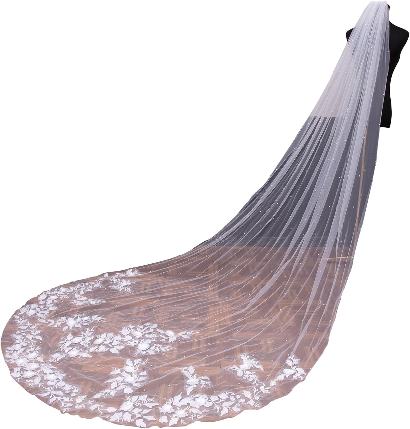 Wedding Veil Pearls Lace Flower Bridal Veils with Metal Comb,1 Tier Cathedral Length Veils for Bride Dress