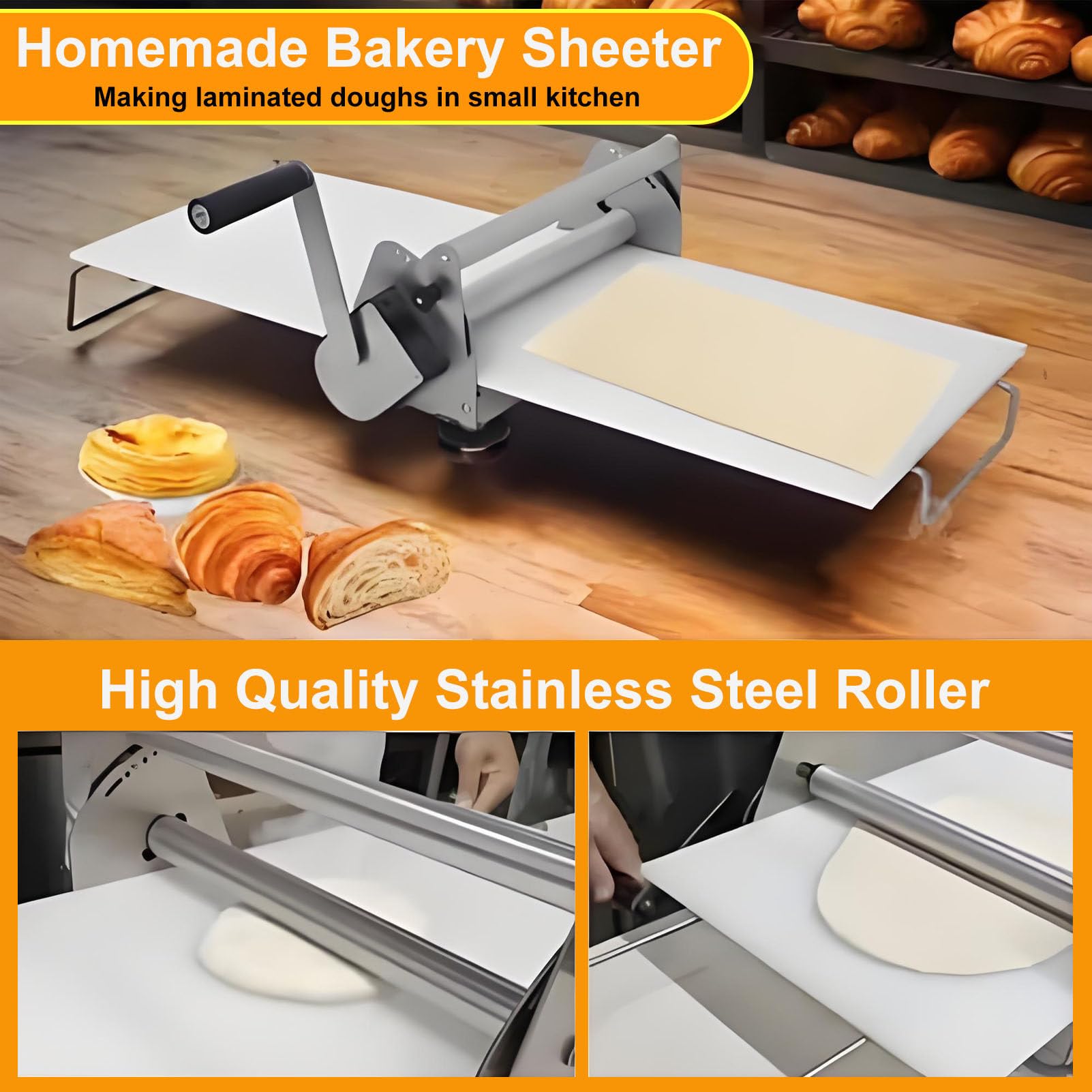 Máquina laminadora de masa plegable manual para panadería y uso doméstico, rodillo de repostería de acero inoxidable con grosor ajustable