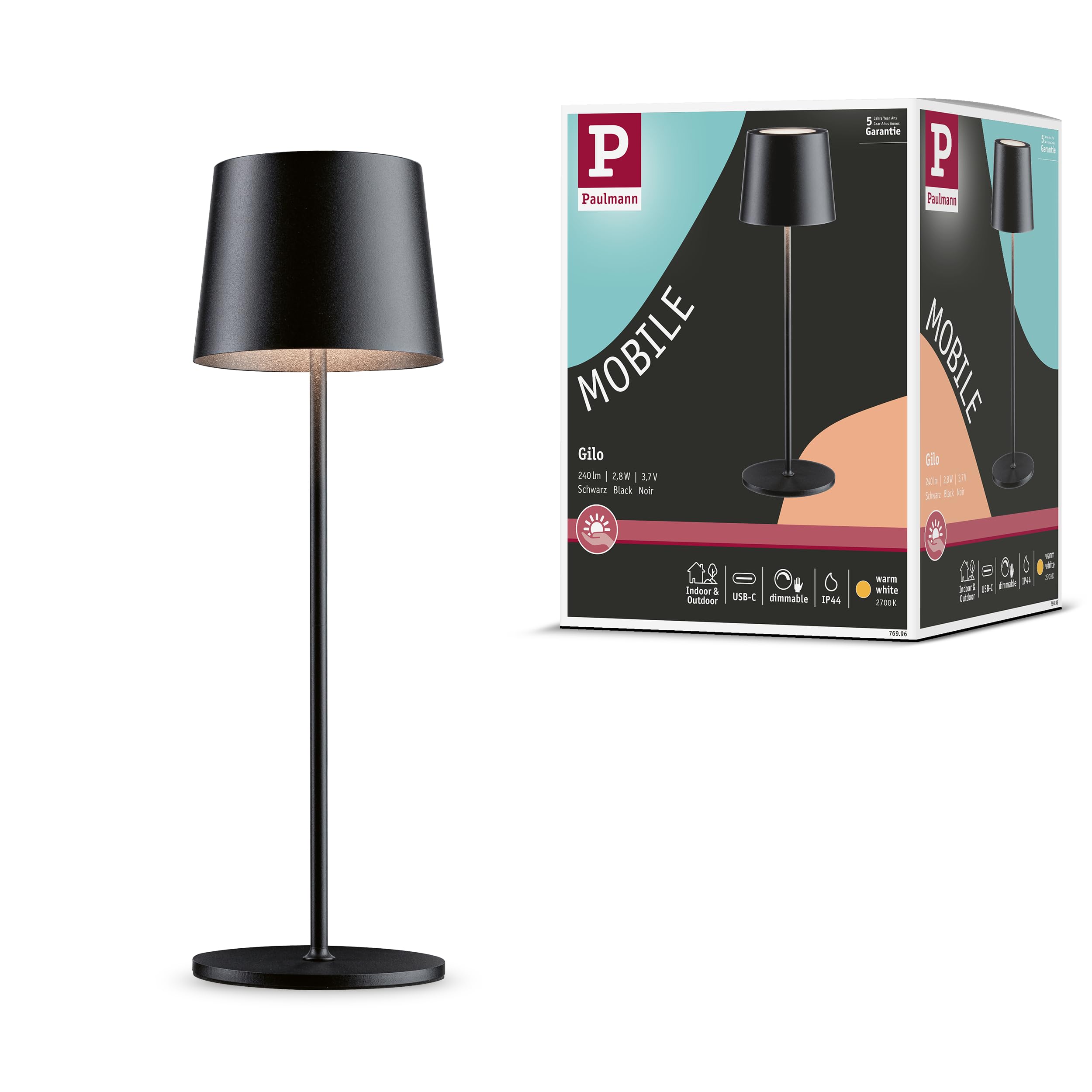 Paulmann 76996 LED Battery Table luminaire Gilo IP44 2700K Black matt Portable Table luminaire dimmable 2.8W USBC
