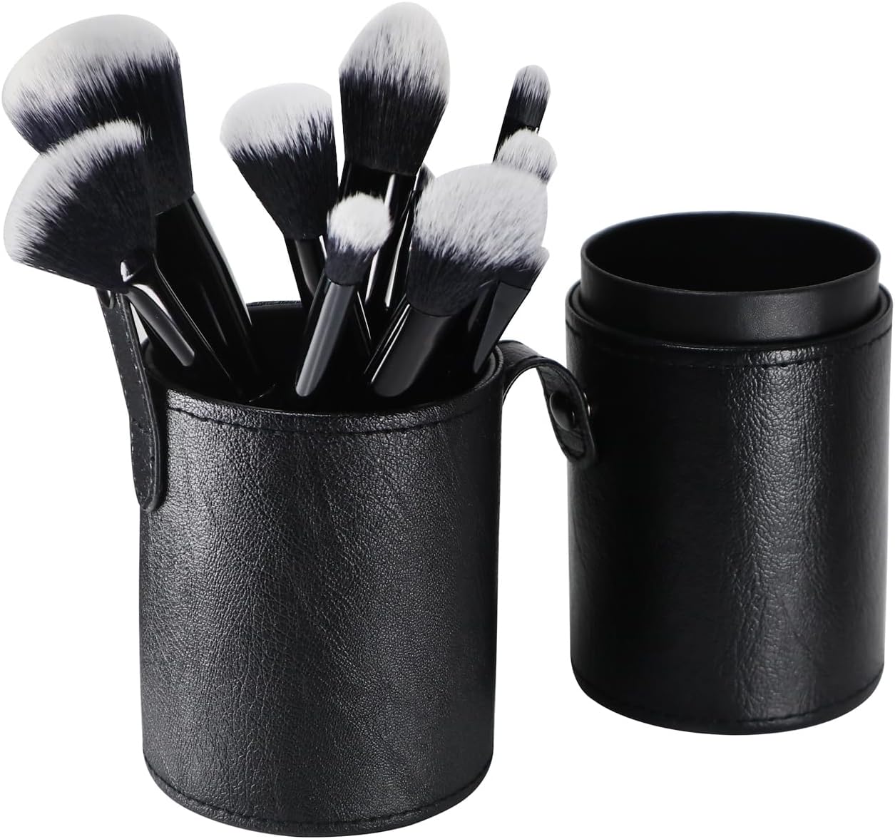 Portable Makeup Brush Case,Pu Leather Makeup Brush Holder with Button,Travel Cup Storage Dustproof Makeup Cosmetic Bags for Women (Black) image 4