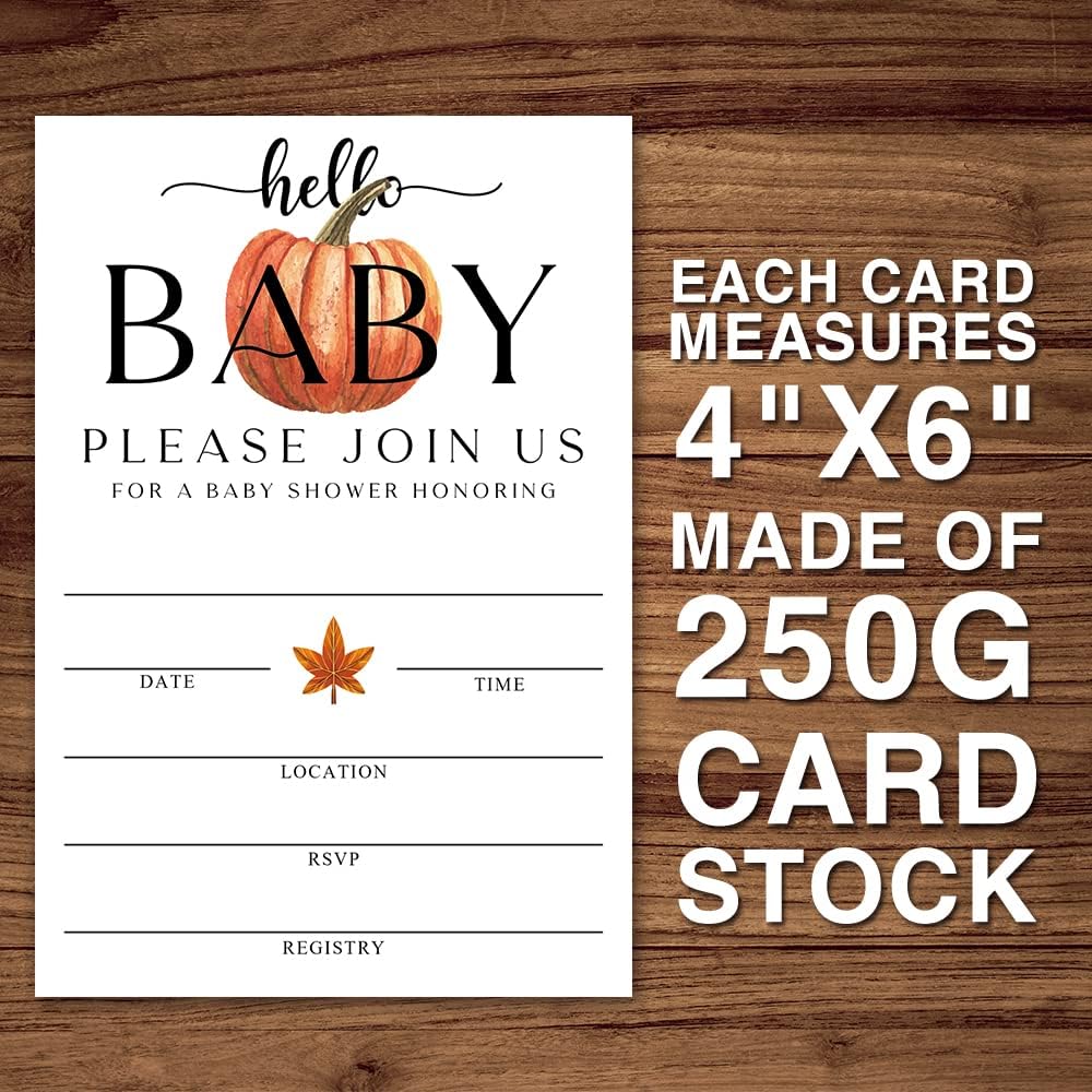 Fall Little Pumpkin Baby Shower Hello Baby Invitations Sweet Pumpkin, Fall Leaves, Autumn Theme, Pack of 20 Fill-in Invitation Cards & 20 Envelopes, 4''X6'', Gender Reveal Neutral - JY047