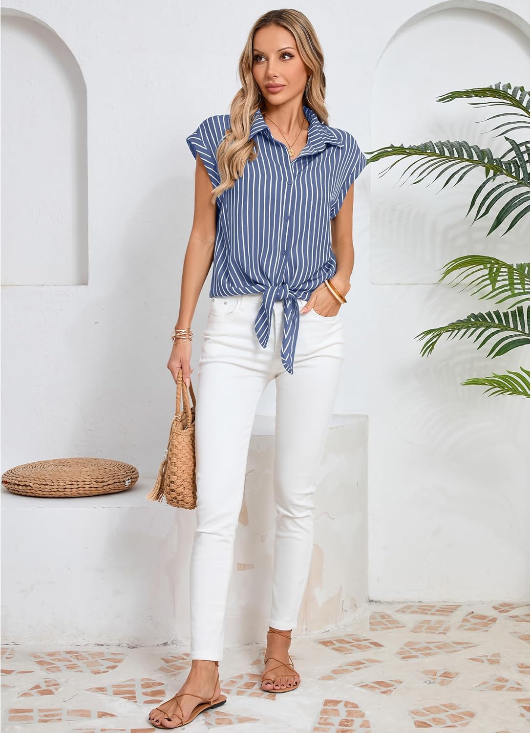 Women's Striped Button Down Shirts Short Cap Sleeve Tie Front Blouse Summer Casual Tops - Image 5