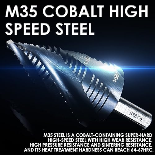 Miniatura 4 de Broca Escalonada de Cobalto M35, Broca Escalonada Unibit de Cuatro Flautas Espirales (3/16"-1-3/8") Resistente al Desgaste con Revestimiento TiAlN