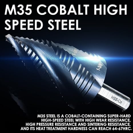 Matework M35 Cobalt Step Drill Bit, Four Spiral Flute Unibit Step Drill Bit (3/16-1-3/8) Wear-Resistant TiAlN Coated, 3/8 Shank for Metal, Carbon Steel, Stainless Steel, Wood, Plastic (19 Size)