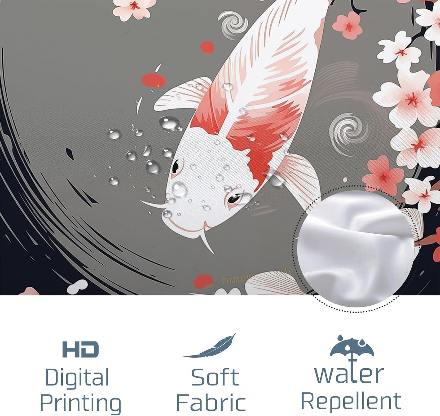 Cool Japanese Koi Shower Curtain Set, Fish Shower Curtain Cherry Flower Asian Anime Style Art Bathroom Decor Polyester Fabric-72" x 72"