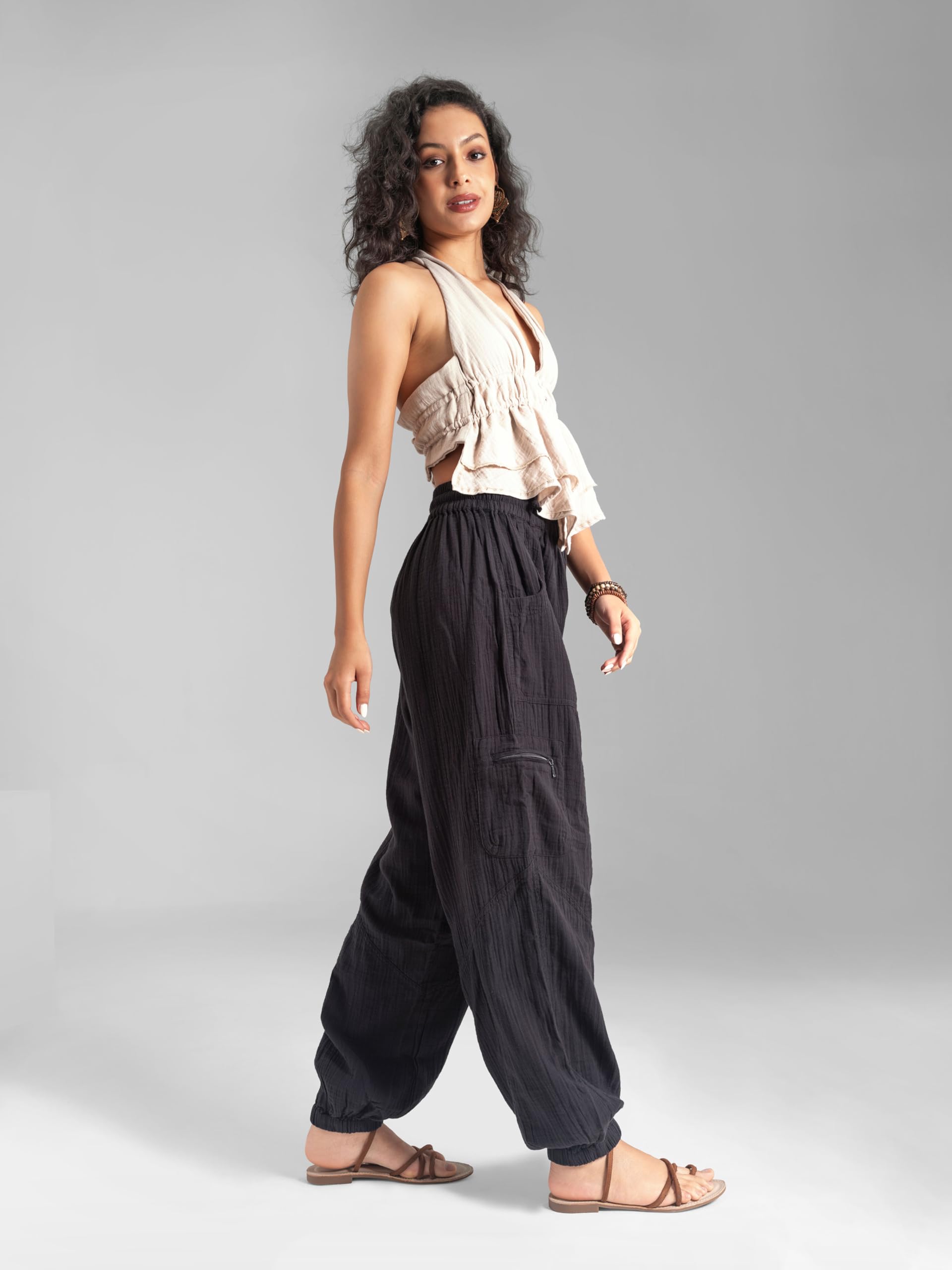 The Veshti Company Women’s Boho Cotton Harem Pants – Soft Lounge Yoga Pant – Fit Trousers with Drawstring – Black - M 3
