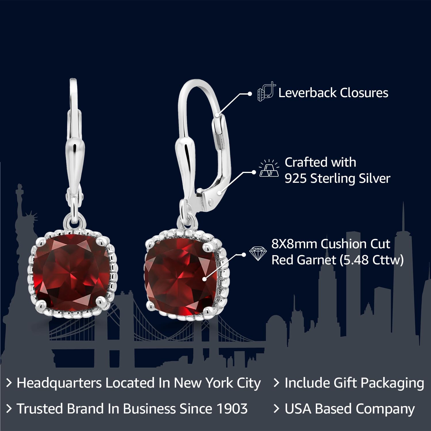 Gem Stone King 3-6 Cttw Leverback Drop Dangle Earrings for Women | 8MM Cushion Gemstone Birthstone | 925 Sterling Silver | Fine Jewelry Gifts for Her Mom Women Wife - Image 2