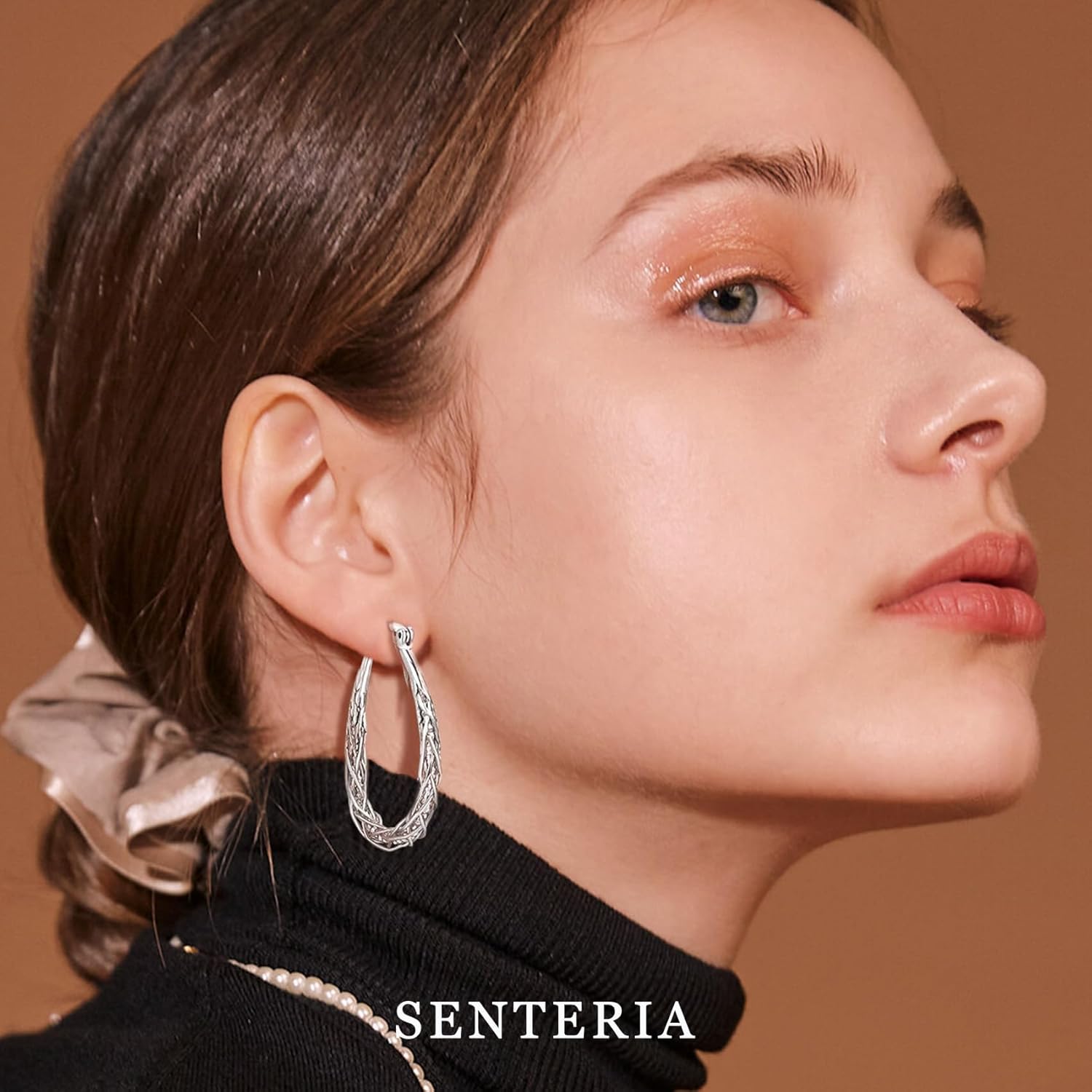 Senteria Sterling Silver Hoop Earrings - Medium, Lightweight, Thick Twist Oval Hoops - Image 2