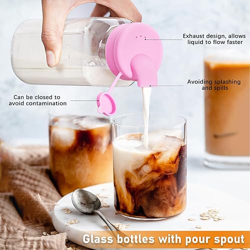 Miniatura 2 de Botellas de jugo de vidrio de 16 onzas para jugo con tapas herméticas, paquete de 6 tarros cuadrados de jugo de vidrio con boquilla, botellas de