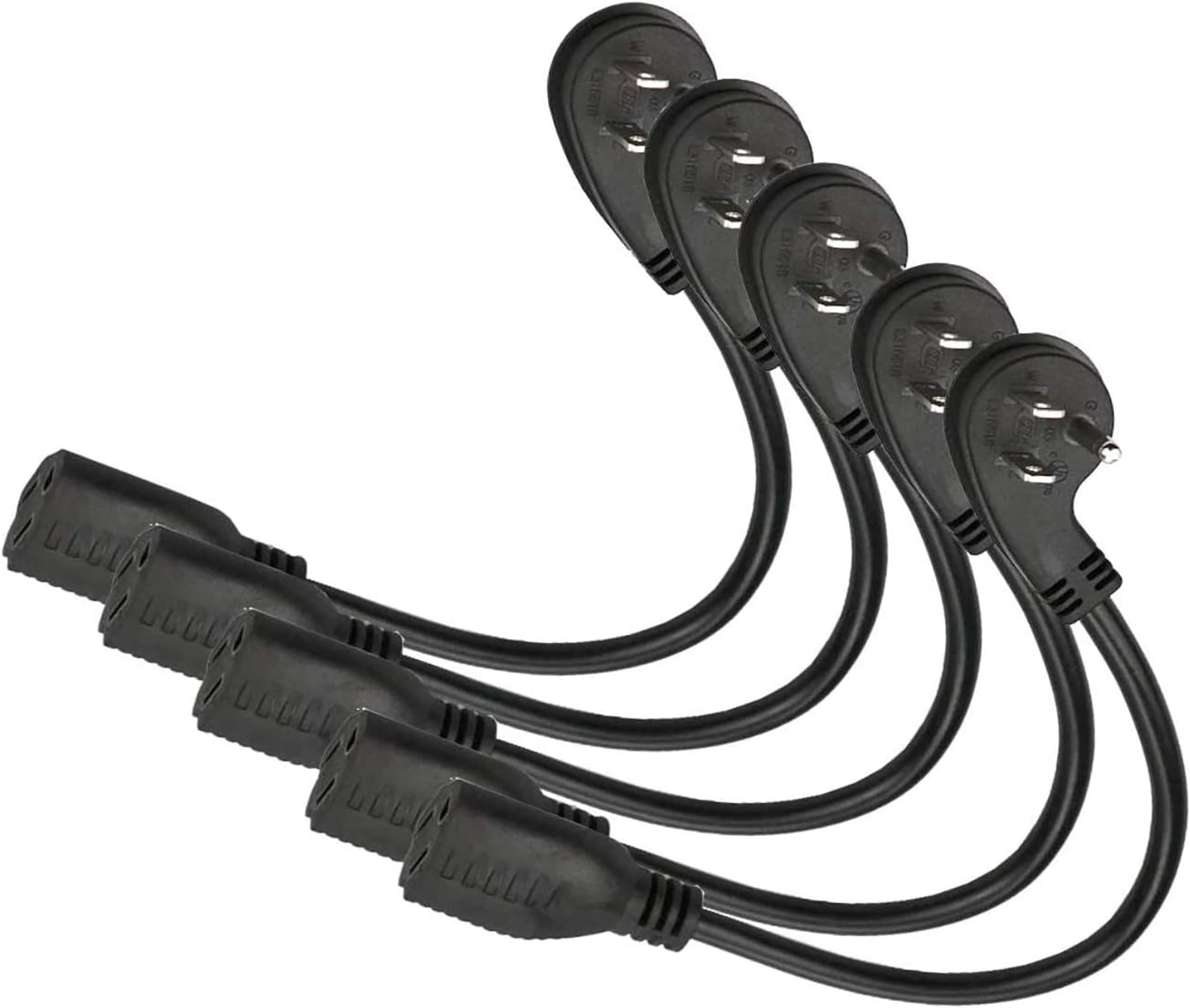 Flat Plug Short Extension Cord, Right Angle 3 Prong, 1625 watts, 16 AWG, 13 amps 125 Volts, UL Listed, 5 Pack, Black 1 Foot by ClearMax