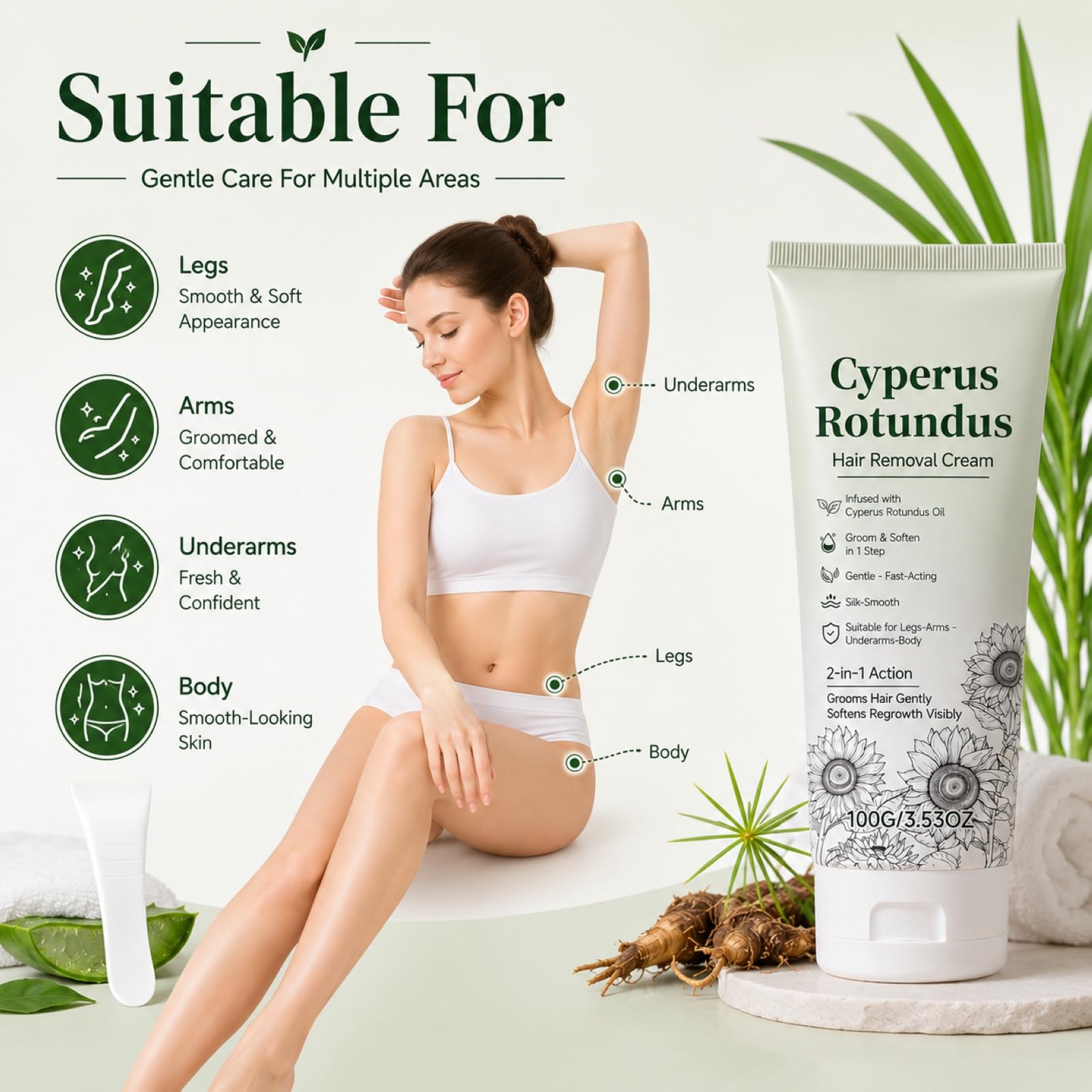 Cyperus Rotundus - Crema depilatoria a base di erbe, crema depilatoria naturale delicata per corpo e zona bikini con raschietto, 2 in 1 (5 pezzi)