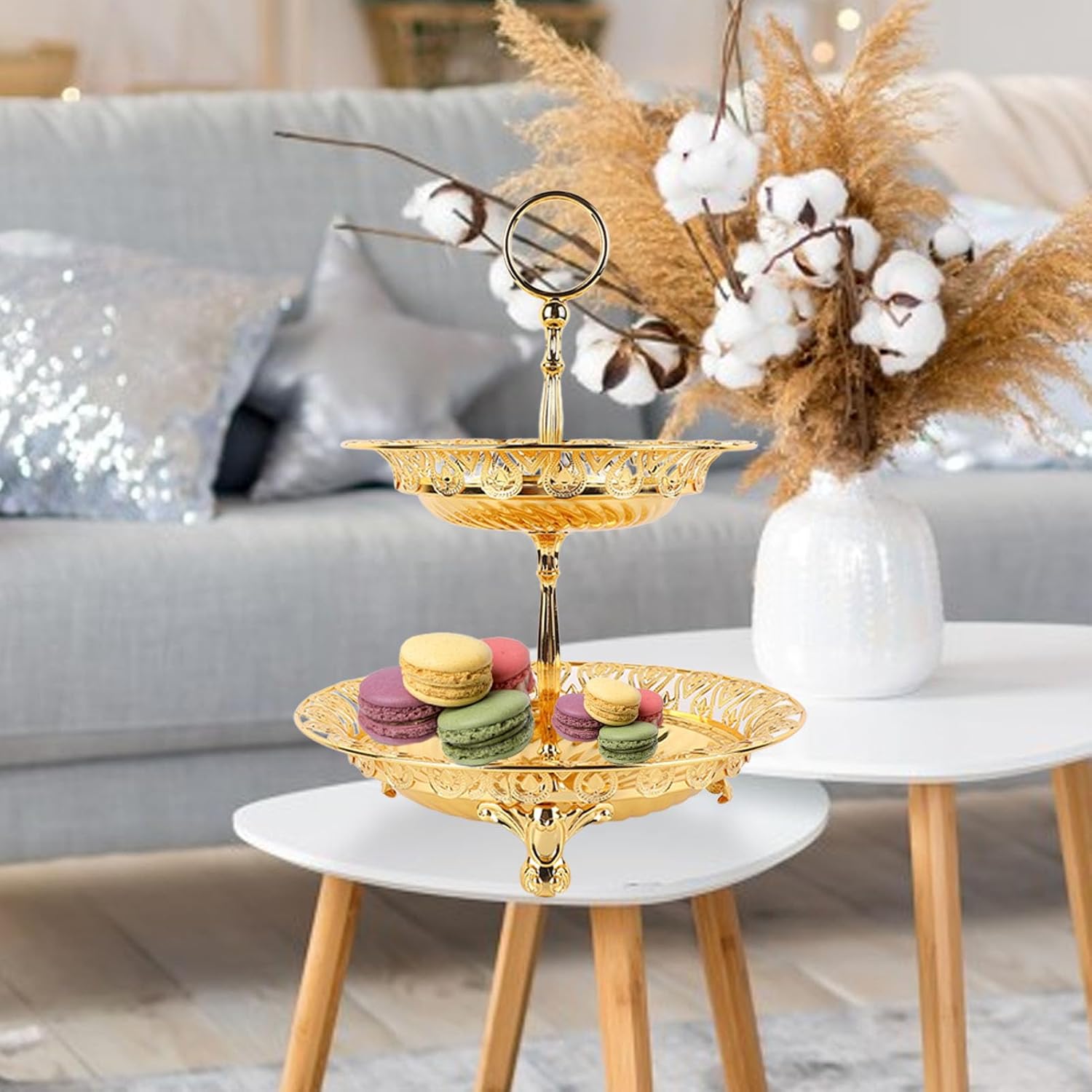 2ティアフルーツプレート、キッチンカウンター用の2層のフルーツバスケットを合金、果物用のメタルブラケット、デザート、ホームデコレーシ