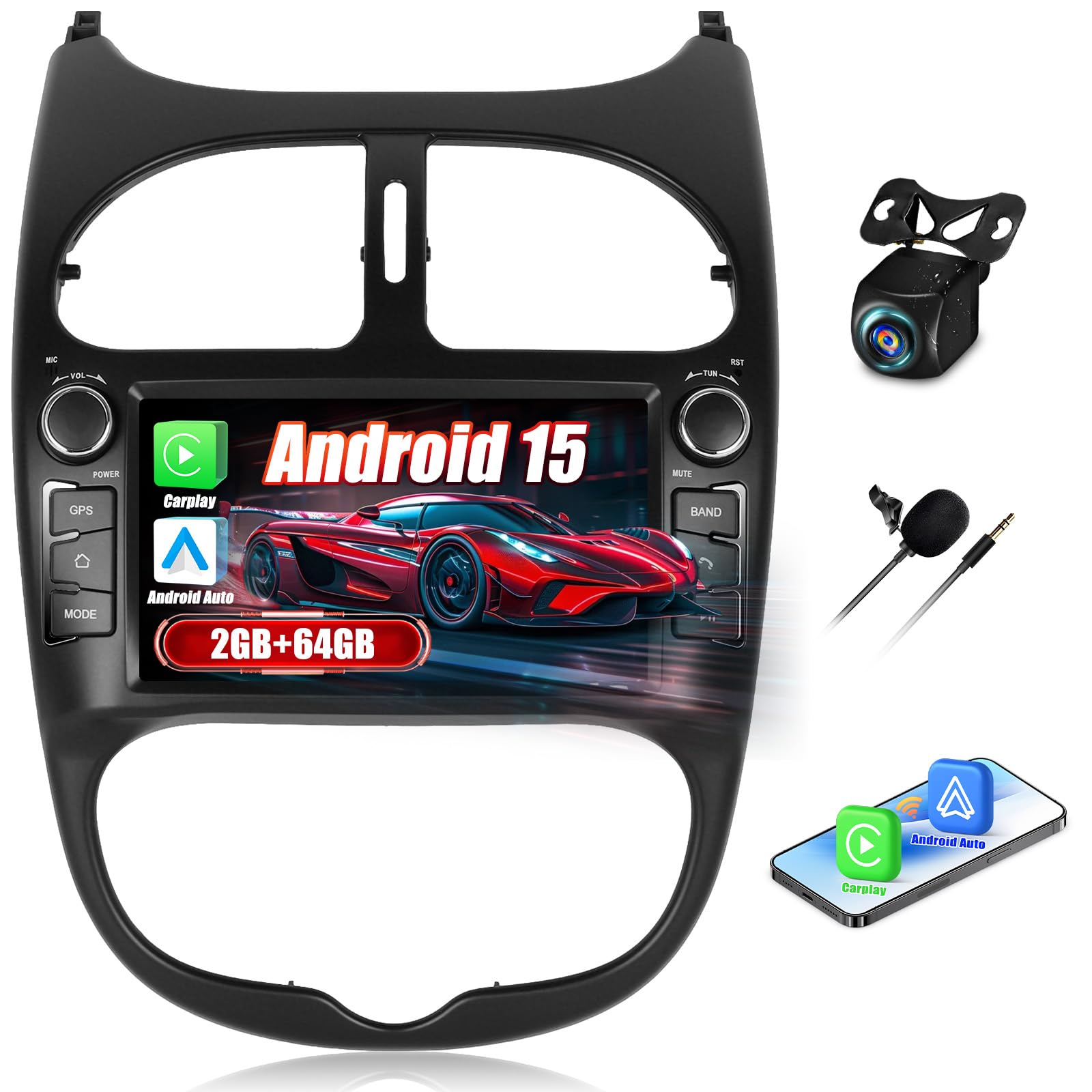 Android 15, 2G+64G CAMECHO Autoradio pour Peugeot 206 206CC 2002-2010 avec Carplay Android Auto, 7 Pouces Écran Tactile avec GPS Navi WiFi Mirror Link Bluetooth FM/RDS SWC Caméra de Recul