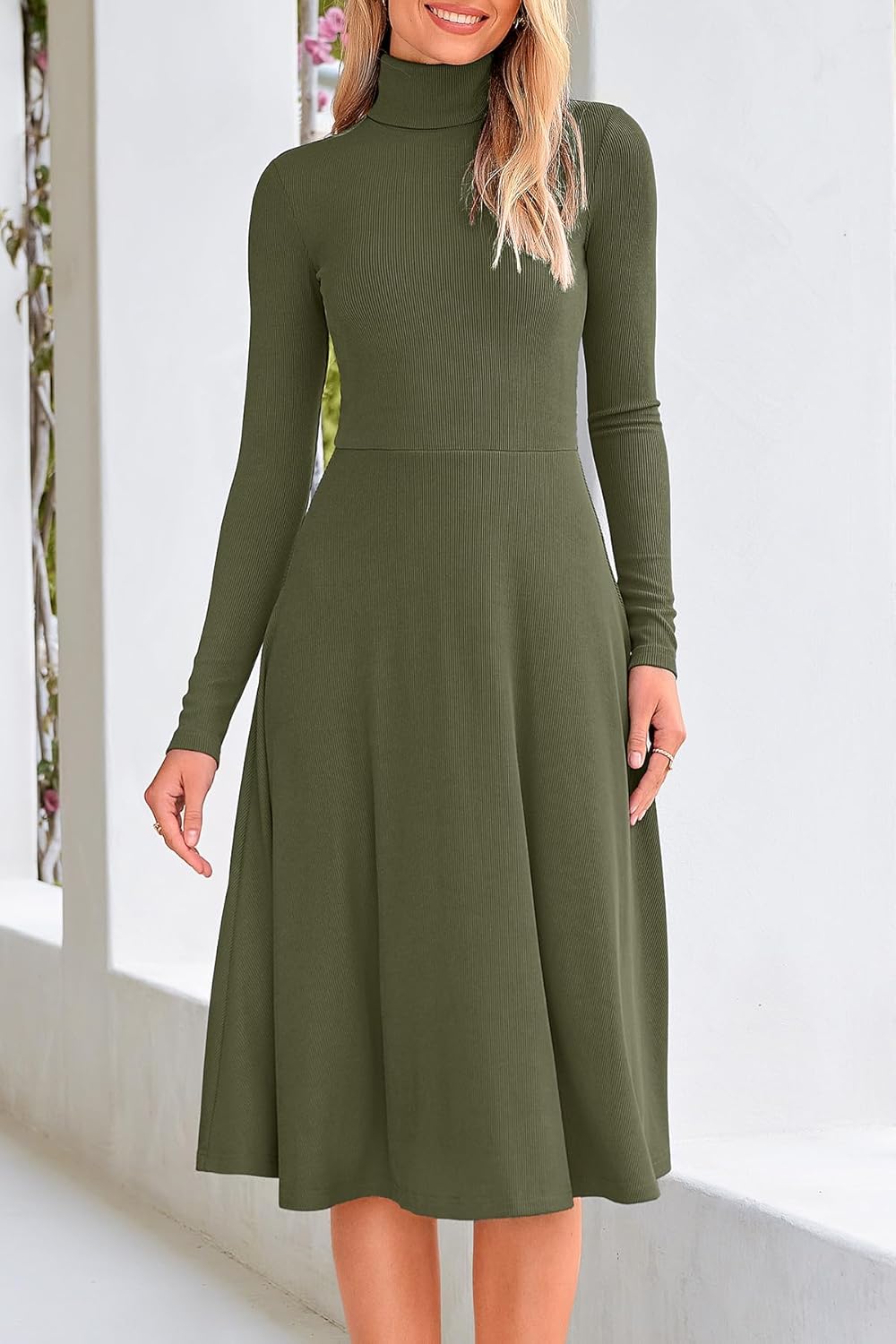 CFLONGE Women's Casual Ribbed Knit High Neck Dress Long Sleeve Fall Dress for Women 2025 Lightweight A Line Flare Dresses - Image 7