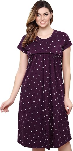 TIGYWIGY Women’s Cotton Printed Knee Length Maternity/Feeding/Nursing Nighty
