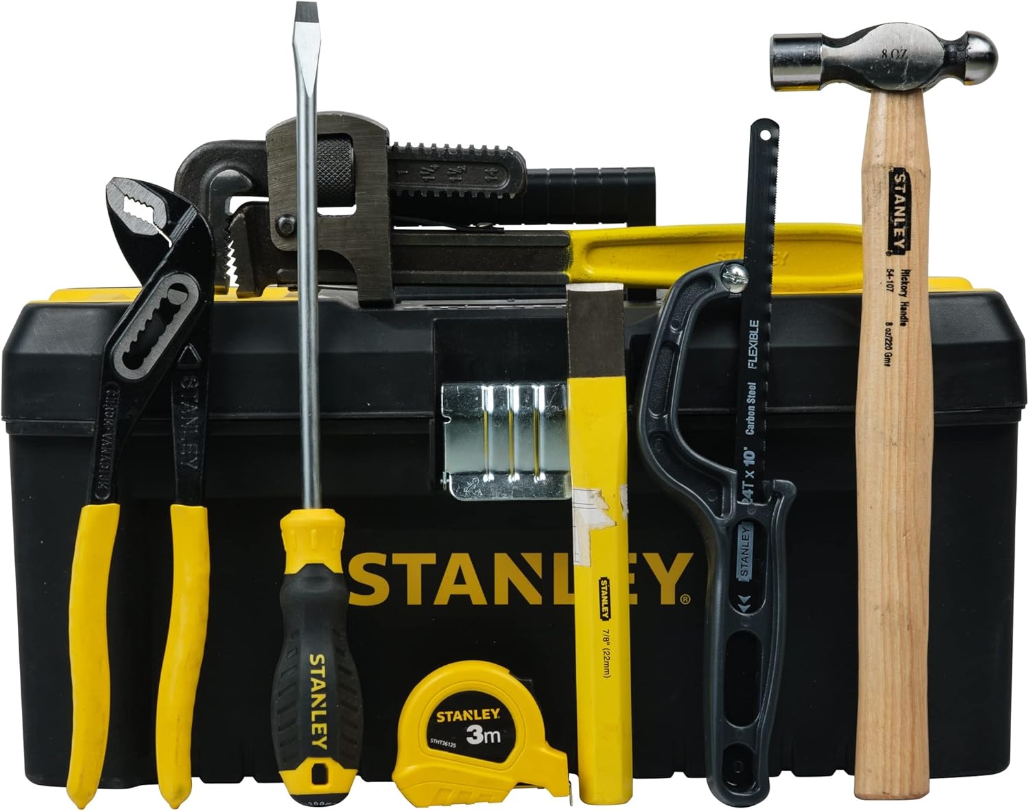 STANLEY PLUMBER-KIT All-in-One Kit for Home & DIY Use (8-Pieces) - Includes Pipe Wrench, Water Pump Plier, Ball Pein Hammer, Screwdriver, Chisel, Measurement Tape, Hacksaw, Tool Box, 6 Months Warranty