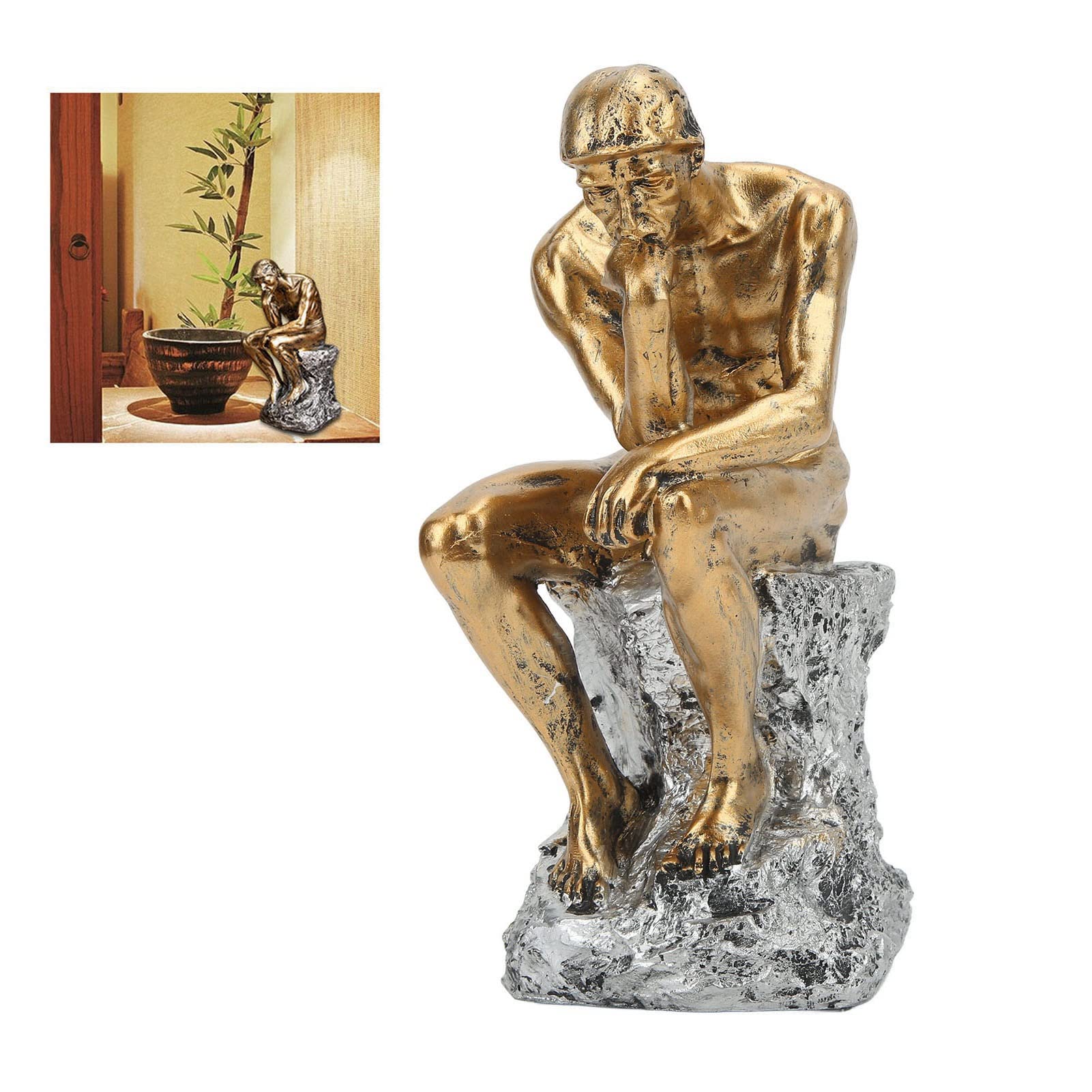 Statua del Pensatore Resina Dorata, Scultura Decorativa per Studio Biblioteca 25x10cm Resina ad Alta Densità con Doratura a Freddo Base Antiscivolo per Soggiorno Ufficio Collezionisti