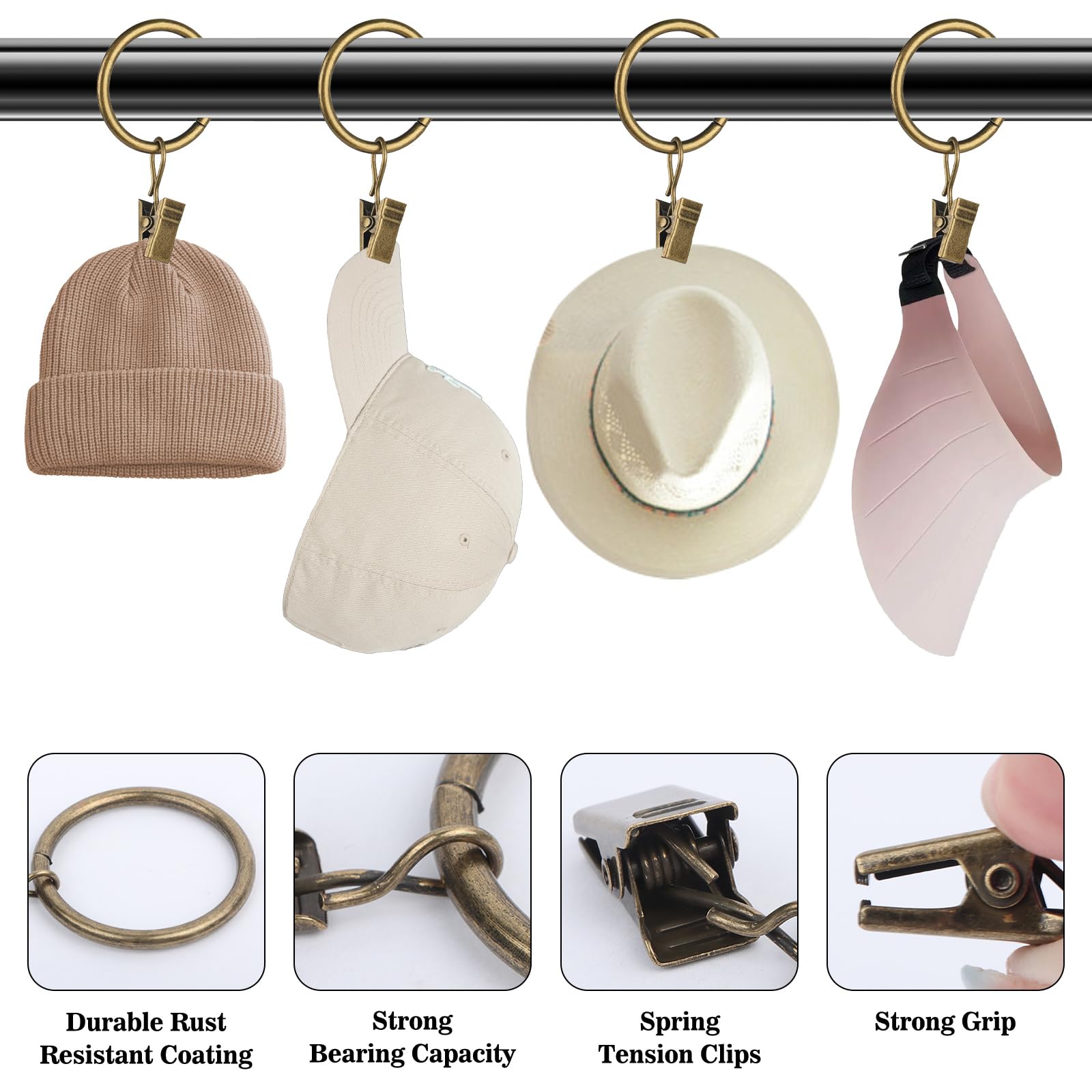 Confezione da 24 anelli per tende con clip, in metallo resistente, color bronzo, con ganci, anelli per tende in ottone, diametro interno 50 mm, per finestre, porte e doccia