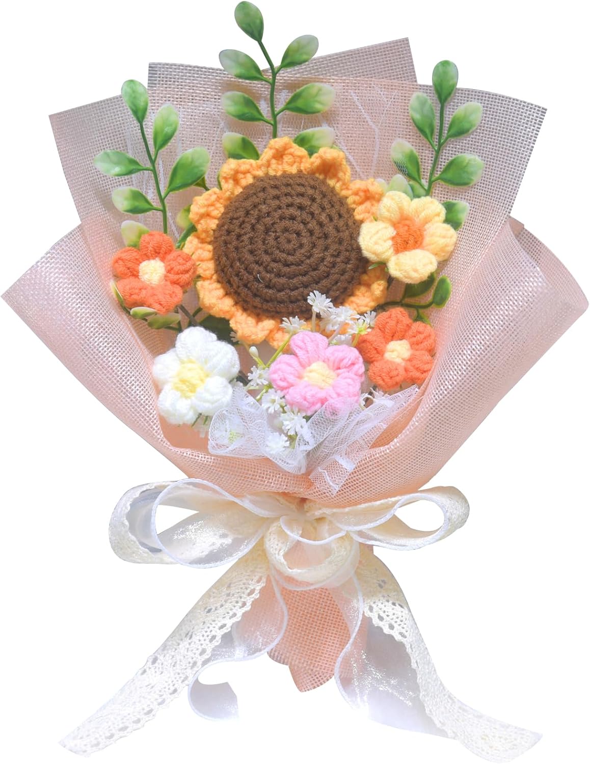 Crochet Flower Bouquet, Knitted Flowers, Completed Crochet Sunflower Daisy Flowers for Graduation Gifts Birthday Home Decor (Pink)