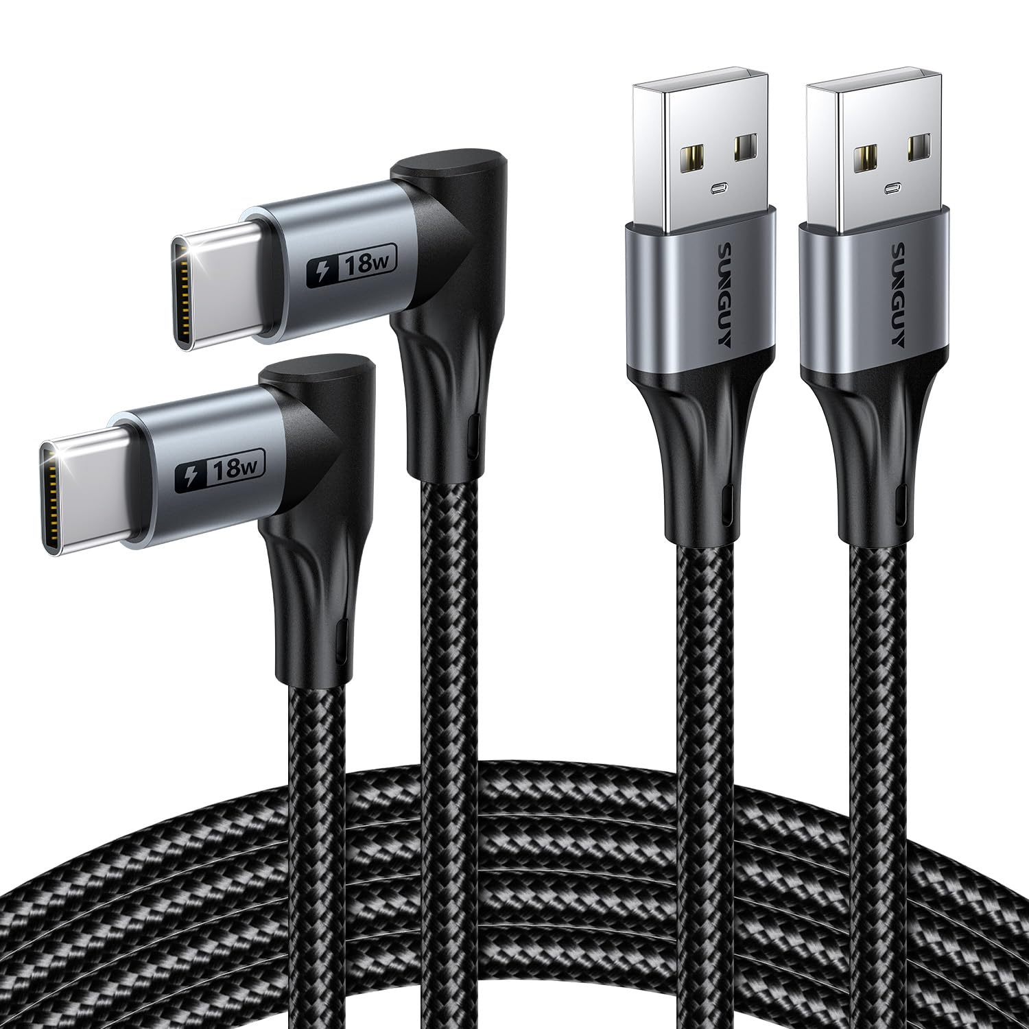 SUNGUY USB C Kabel 90 Grad Winkelstecker Typ C Ladekabel USB2.0 Datenkabel USB-A auf USB-C Schnellladekabel für iPhone 17/16/15 Serie, Galaxy S25/S24/S23/A56, Pixel, Carplay und Android (2Stück, 3m)