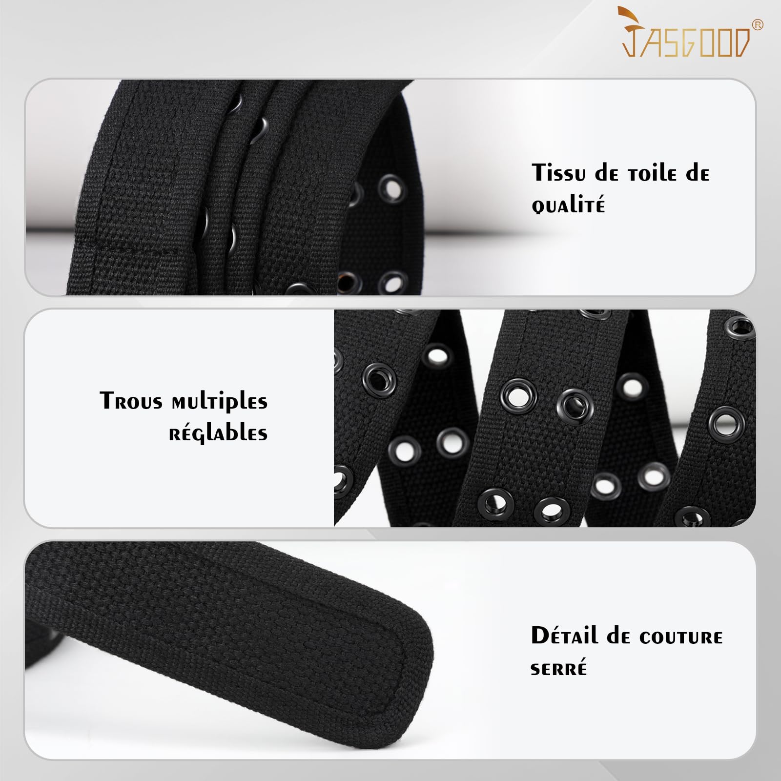 JASGOOD Ceinture Homme Tissu en Toile Double Oeillet Réglable Ceinture Punk Unisexe Style Double Boucle pour Jeans Pantalon