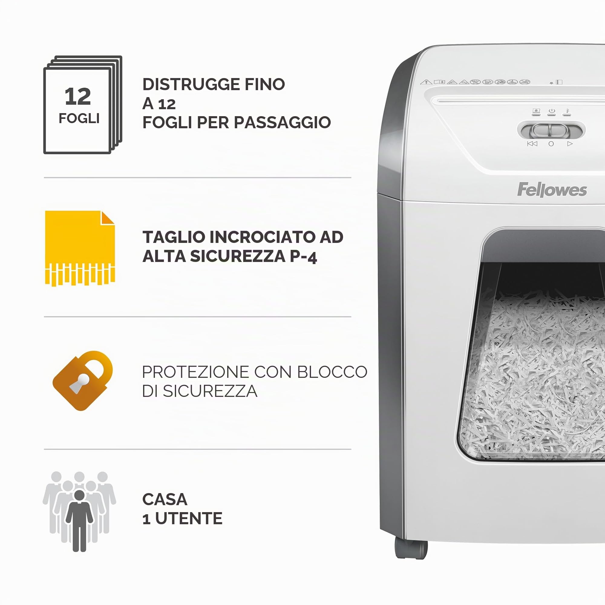 Fellowes Distruggidocumenti per uso domestico e ufficio, 12 fogli a taglio trasversale per uso deskside, FS-12C distruggi documenti da casa con cestino estraibile da 19 l, durata 20 minuti, alta