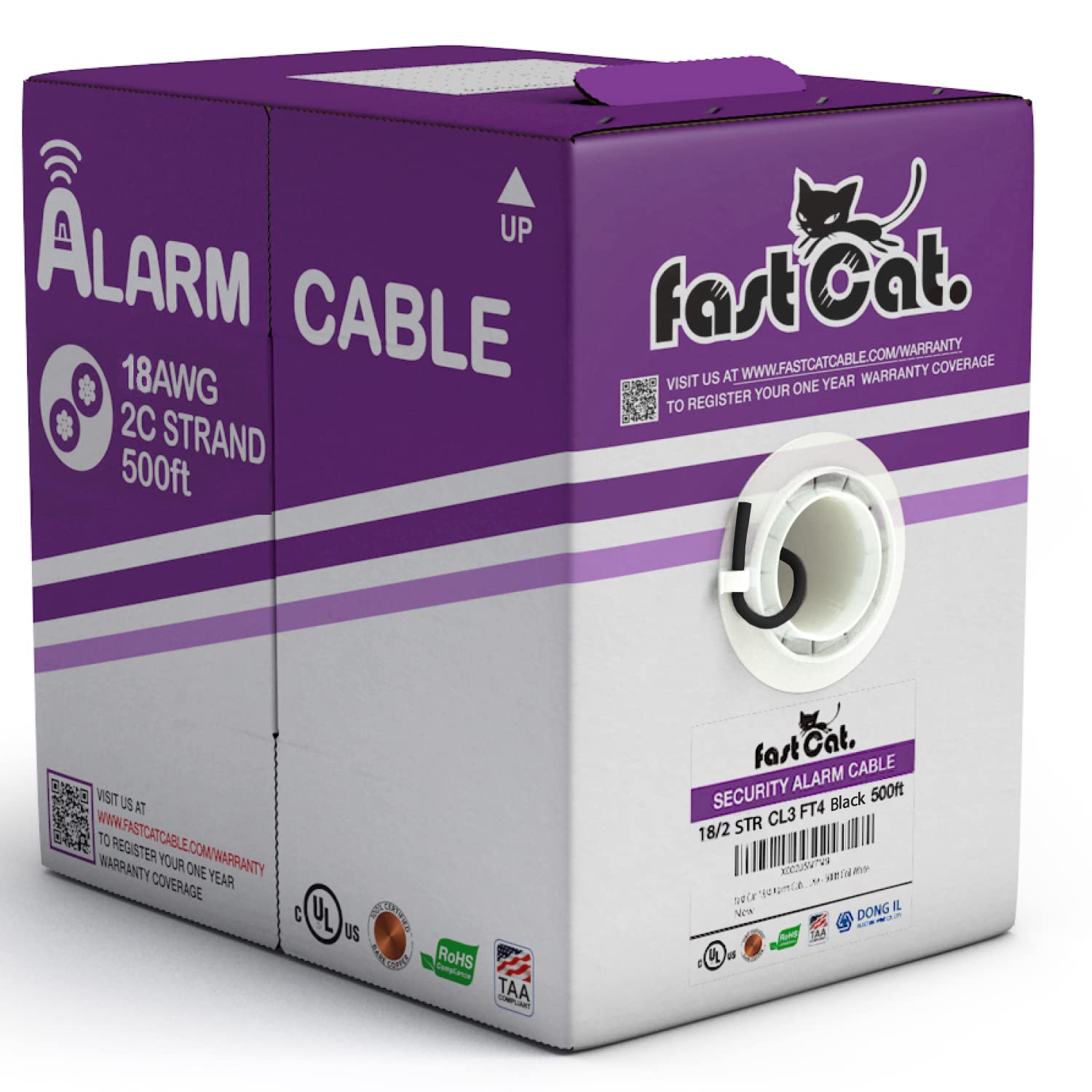 Fast Cat. 22 AWG/Gauge, 2 Conductor 500ft, White Fire/Alarm/Security Cable - PVC Jacket, Unshielded, (CMR-CL3R-FT4) Rated in-Wall Use- UL Rated - Coil