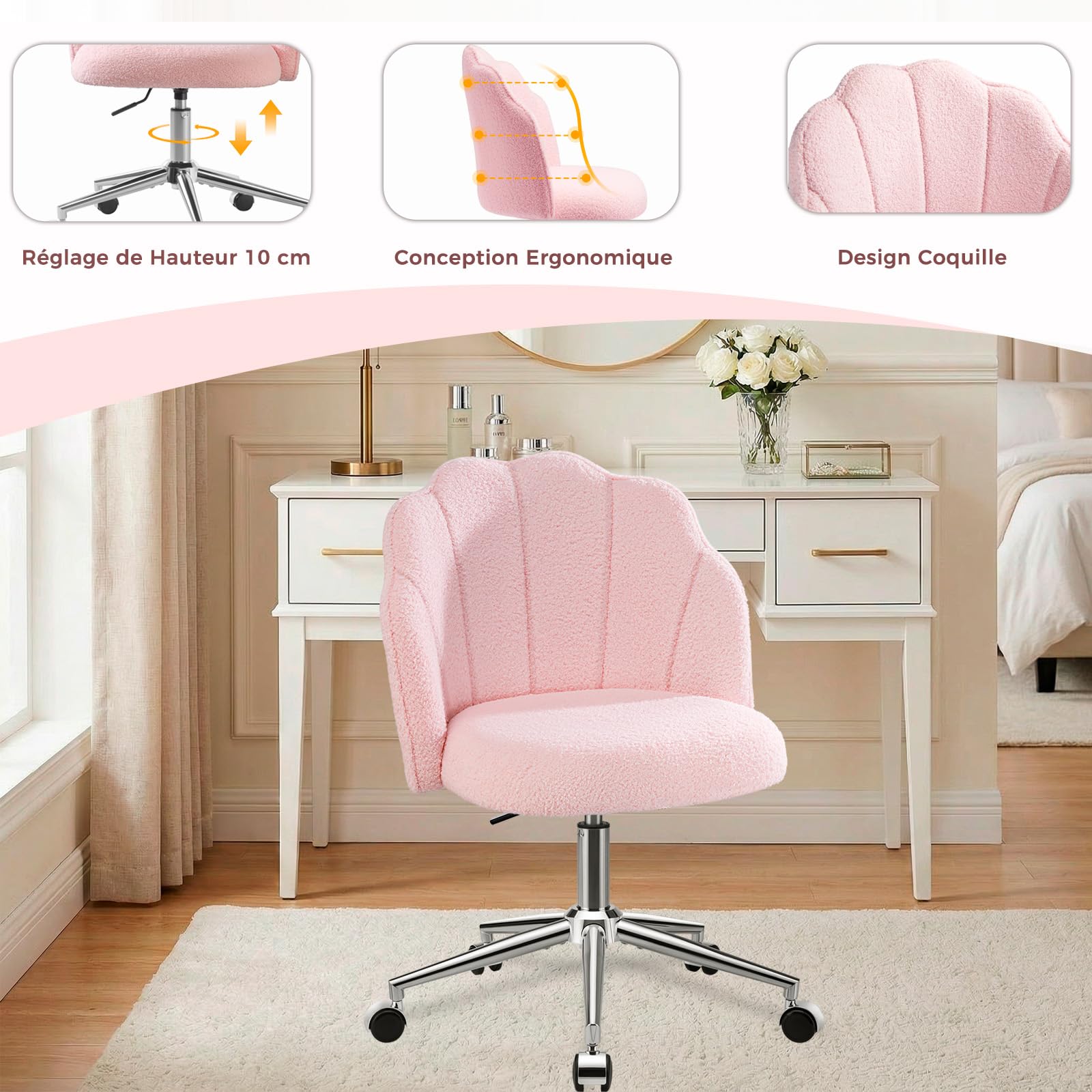 Chaise Coiffeuse Chambre, Chaise Pivotante à Roulette‌ pour Fille, Siege de Bureau Confortable, Montage Facile, Rose