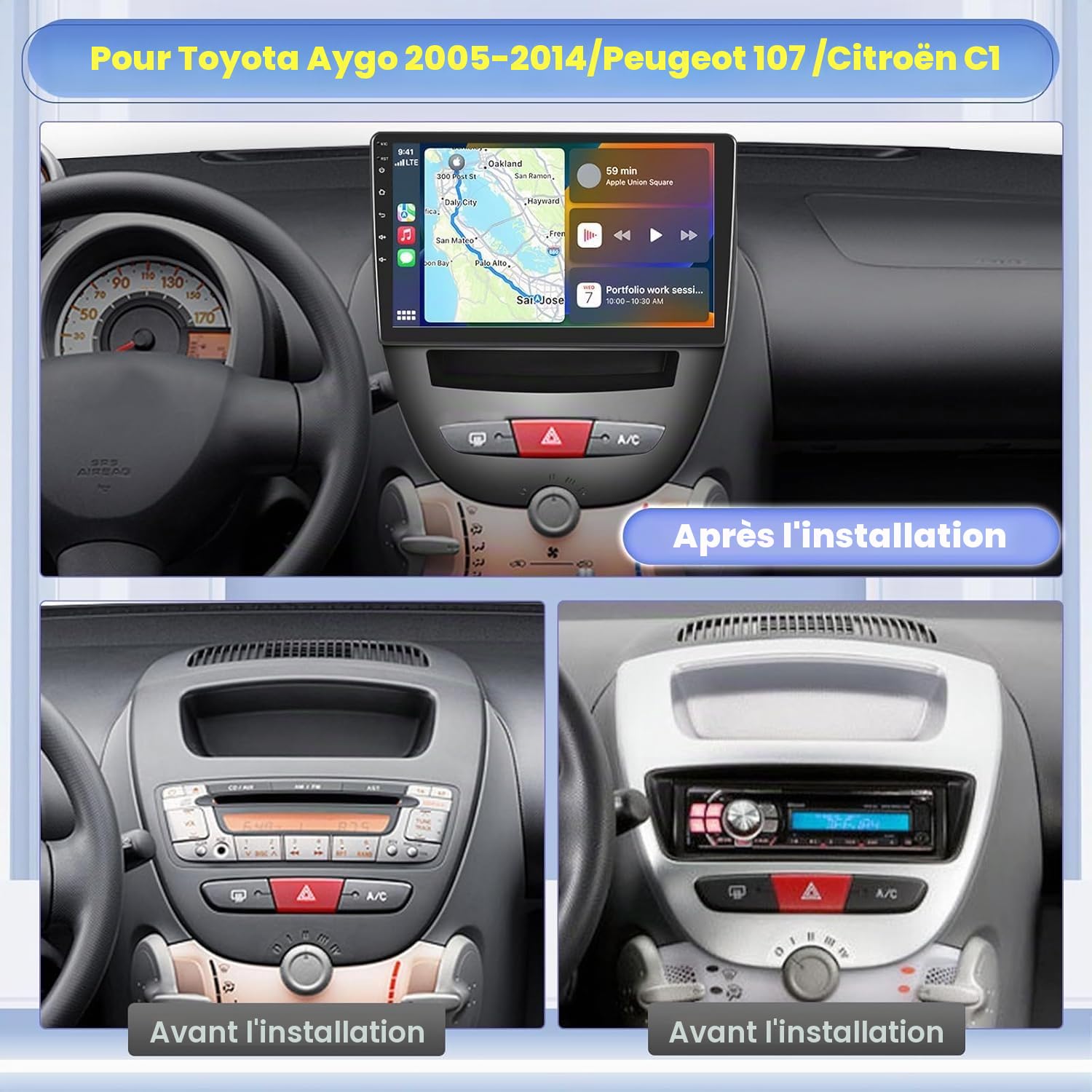 Hikity 8 Core 4+64GB Android 15 Radio Autoradio pour Toyota Aygo (2004-2014)/Peugeot 107(2009-2015)/Citroen C1(2005-2014) sans Fil CarPlay Android Auto 10.1" Ecran Mirror Link GPS BT FM RDS WiFi DSP