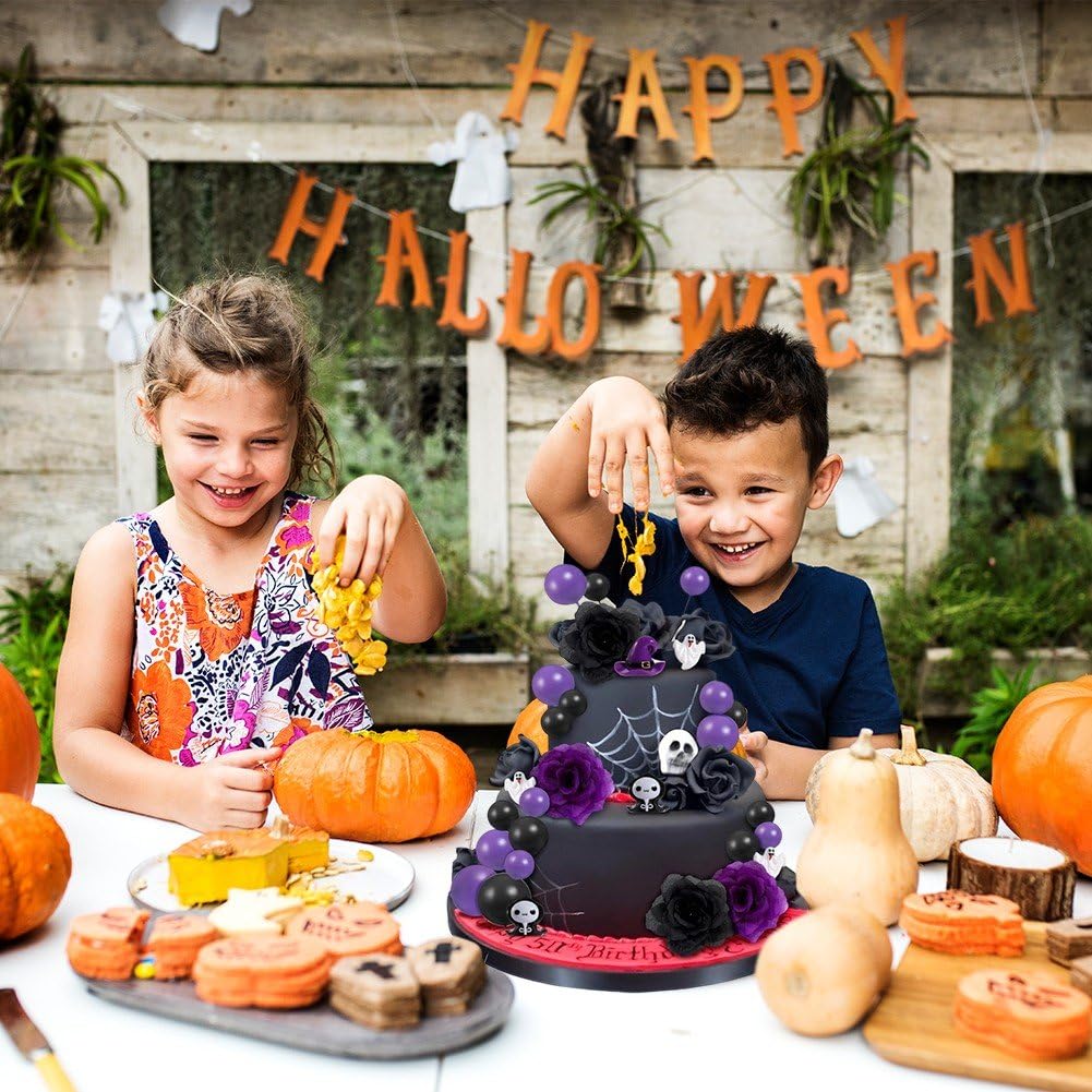 44 dekoracje na tort halloweenowy w kształcie kwiatu, gotycki, z różami, duchami, balonami, na przyjęcie urodzinowe