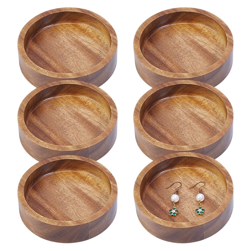 MAYJOYDIY 6 Stück Ring Tablett aus Holz 10cm Akazienholz Dekoratives Schmucktablett Klein Ring Schale Schmuck Display Tablett Für Halsketten Armbänder Hochzeits Party Dekoration, Rundes