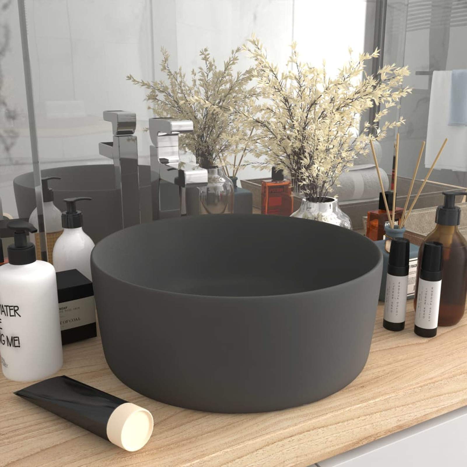 Lavabo de Lujo Redondo cerámica Gris Oscuro Mate 40x15 cm, Fregadero, Lavabo Baño, Lavamanos Baño, Lavatorio Casa De Banho, Mueble Lavabo sobre Encimera 147016