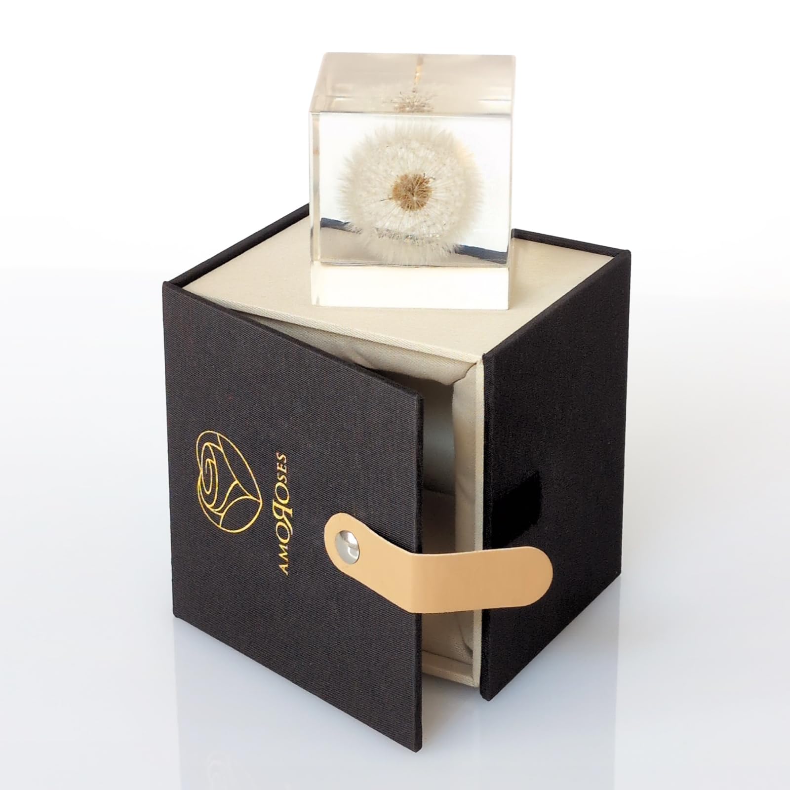 Amoroses WISH - Dente di Leone vero, conservato in cubo di resina trasparente - Fiore Soffione in confezione elegante - Idea Regalo Originale, oggetto decorativo - Esprimi un desiderio