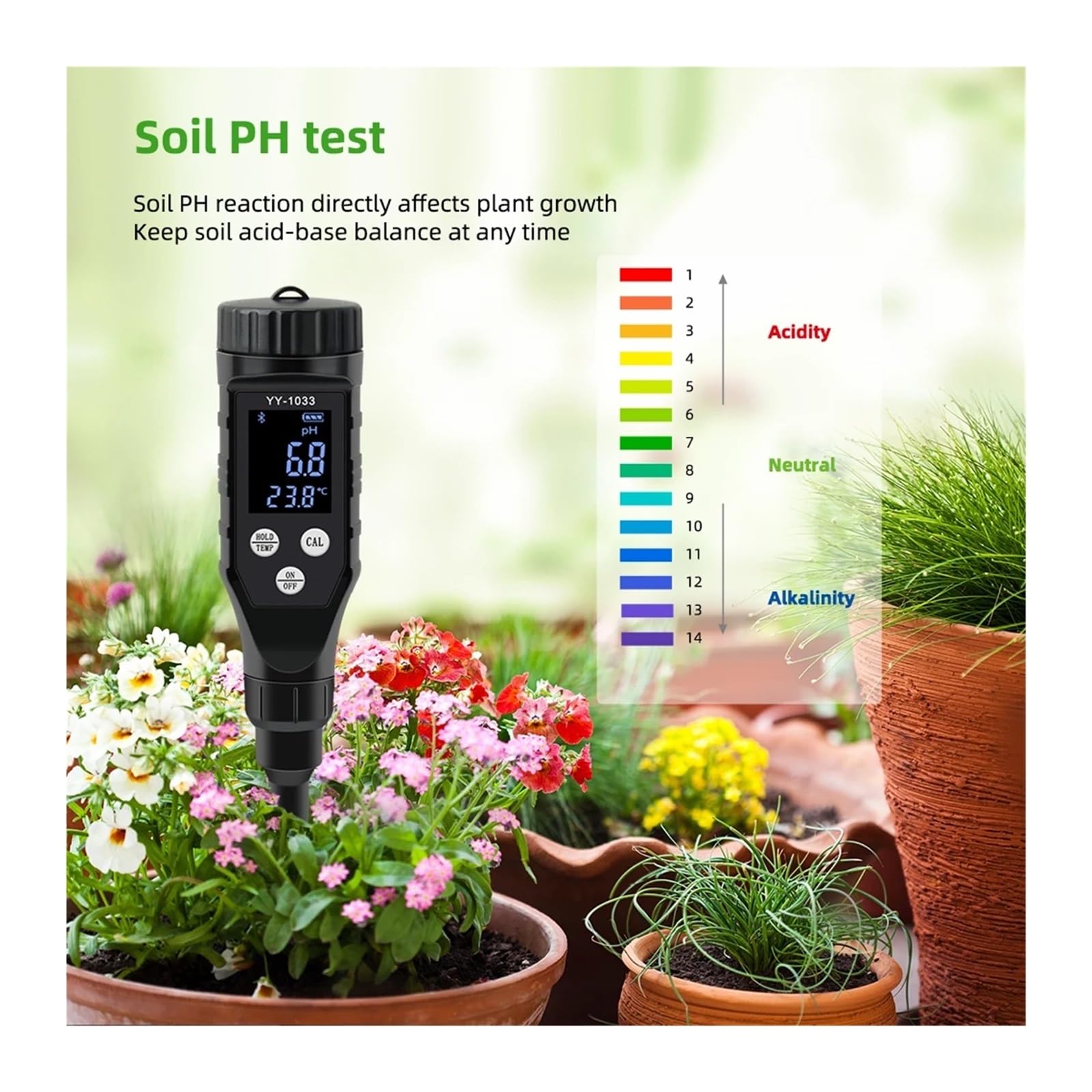 Intelintny miernik pH gleby 0,0~14,0 pH Bluetooth Tester gleby Rejestrator danych Analizator kwasowości temperatury do hydroponiki Sadzenie ogrodu Gospodarstwo rolne