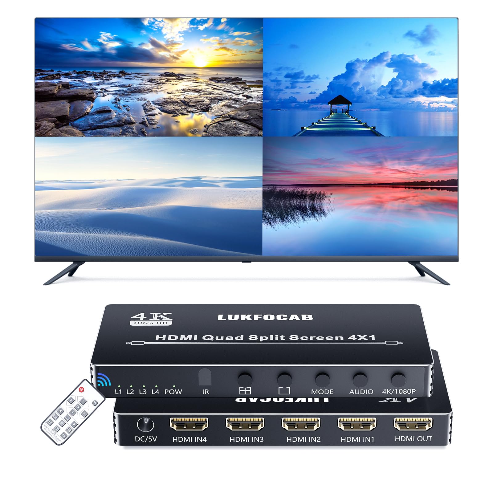 HDMI Multi-Viewer 4X1, Seamless Switcher 4 in 1 Out, Quad Multi Viewer Switcher with IR Remote, Supports 4K 30Hz, 5 Display Modes for Security Camera, Gaming Consoles