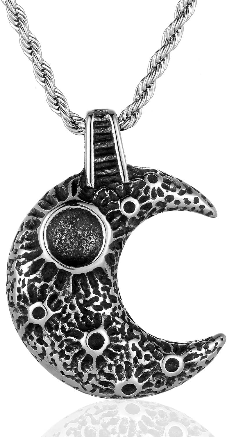 Vintage Stainless Steel Moon Crescent Pendant Necklace for Men Women, 24 inches Chain,Unique