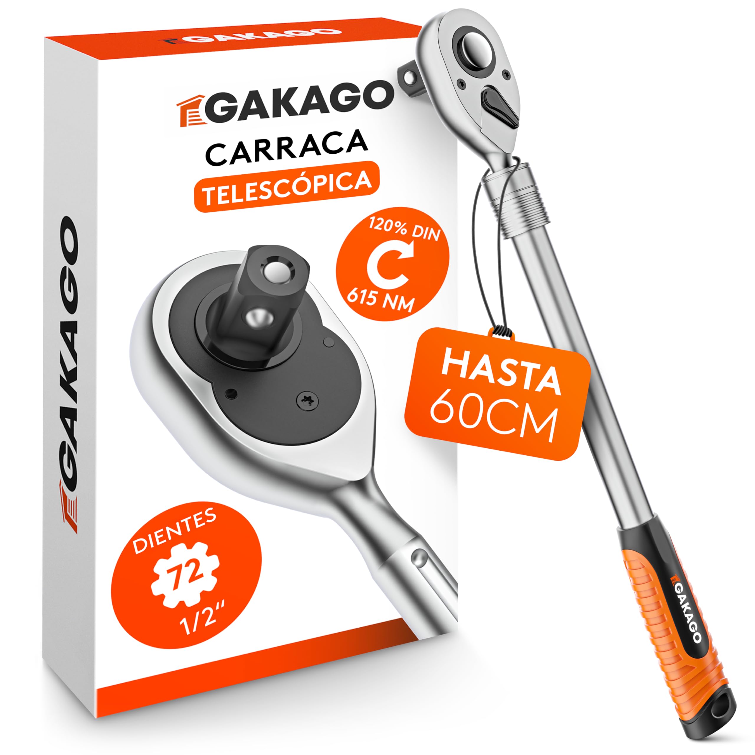 Gakago Carraca telescópica de 1/2" pulgada hasta 60 cm - Carraca reversible extra larga con mango ergonómico - Potencia superior con más de 615 Nm y engranajes precisos de 72 dientes finos