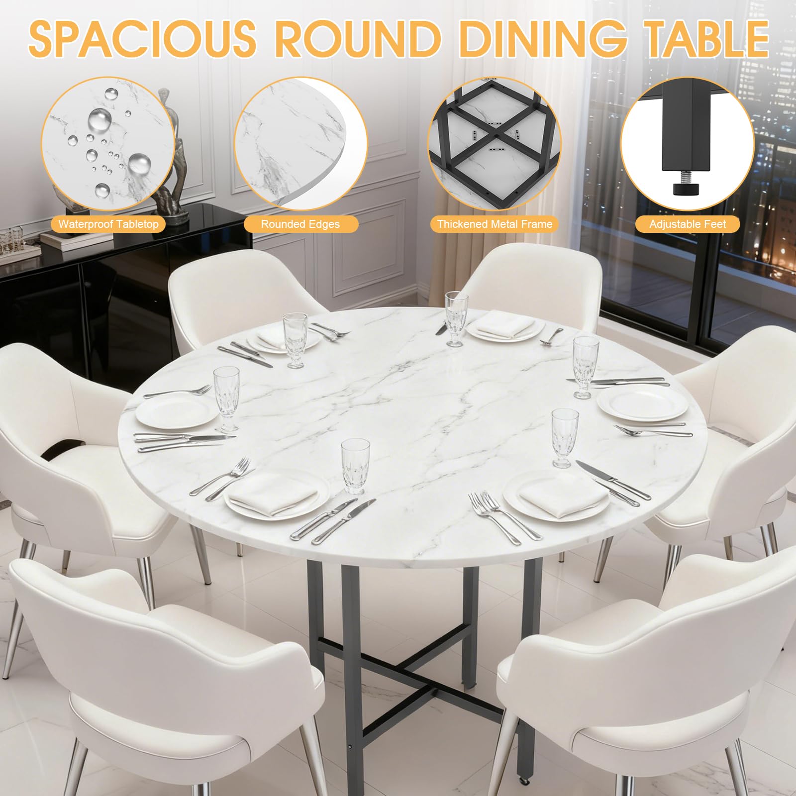 TWSOUL Table à manger ronde pour 4-6 personnes, table à manger de 120 cm, table de cuisine avec base en métal, table à manger avec marbre, pour salle à manger, salon, bureau