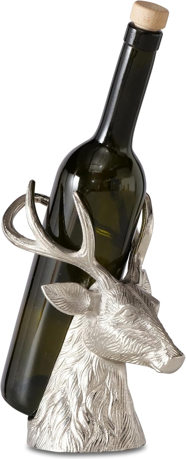 WHW Whole House Worlds Rustic Wine Rack, Single Bottle Display, Deer Motif, Hand Cast Aluminum Nickle, 8.25 Inches