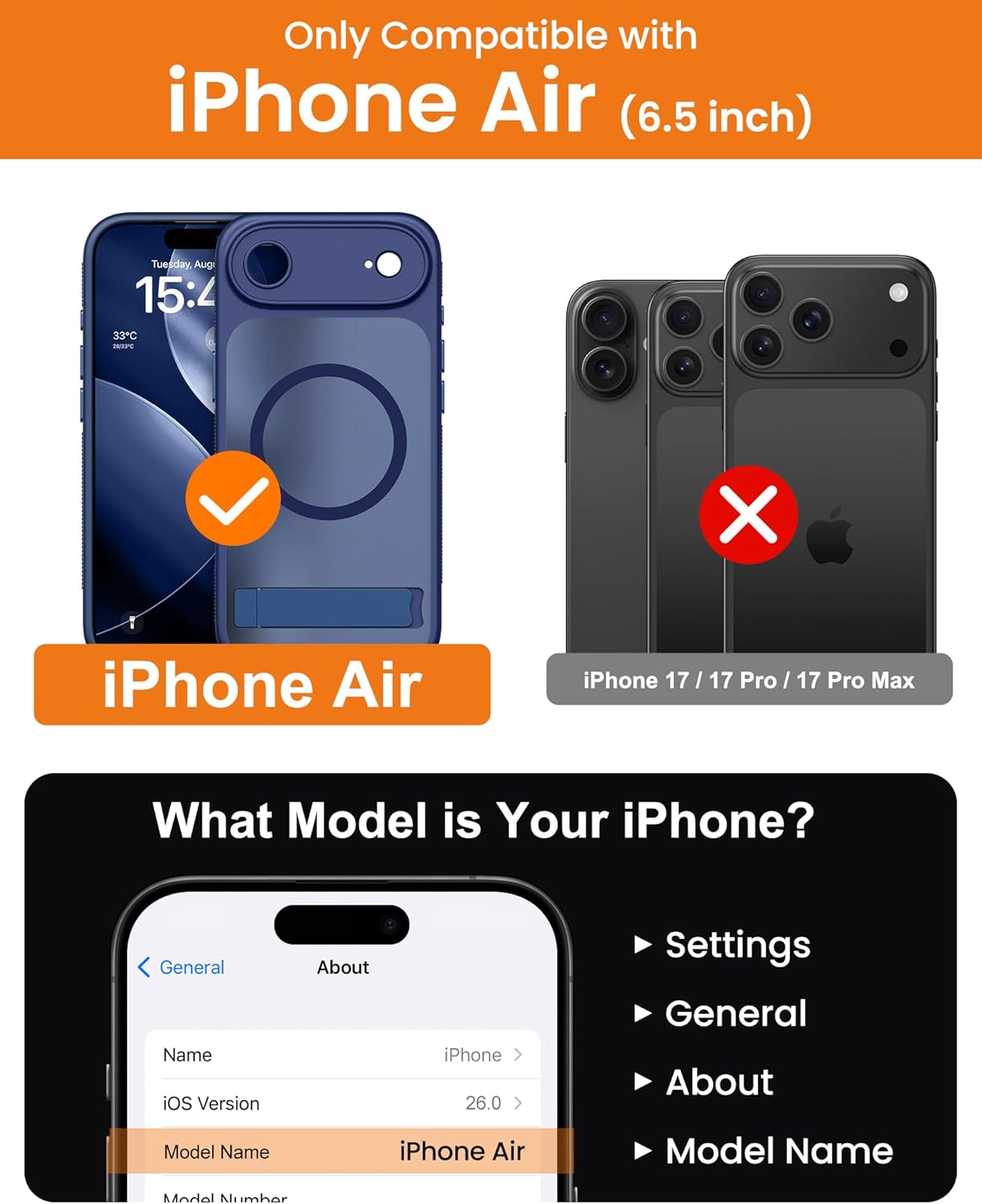 for iPhone Air Magnetic Stand Case with Black Magnetic Wallet, Camera Control Button, Full Lens Protection, Compatible with MagSafe, Military Grade Case for iPhone Air, Blue