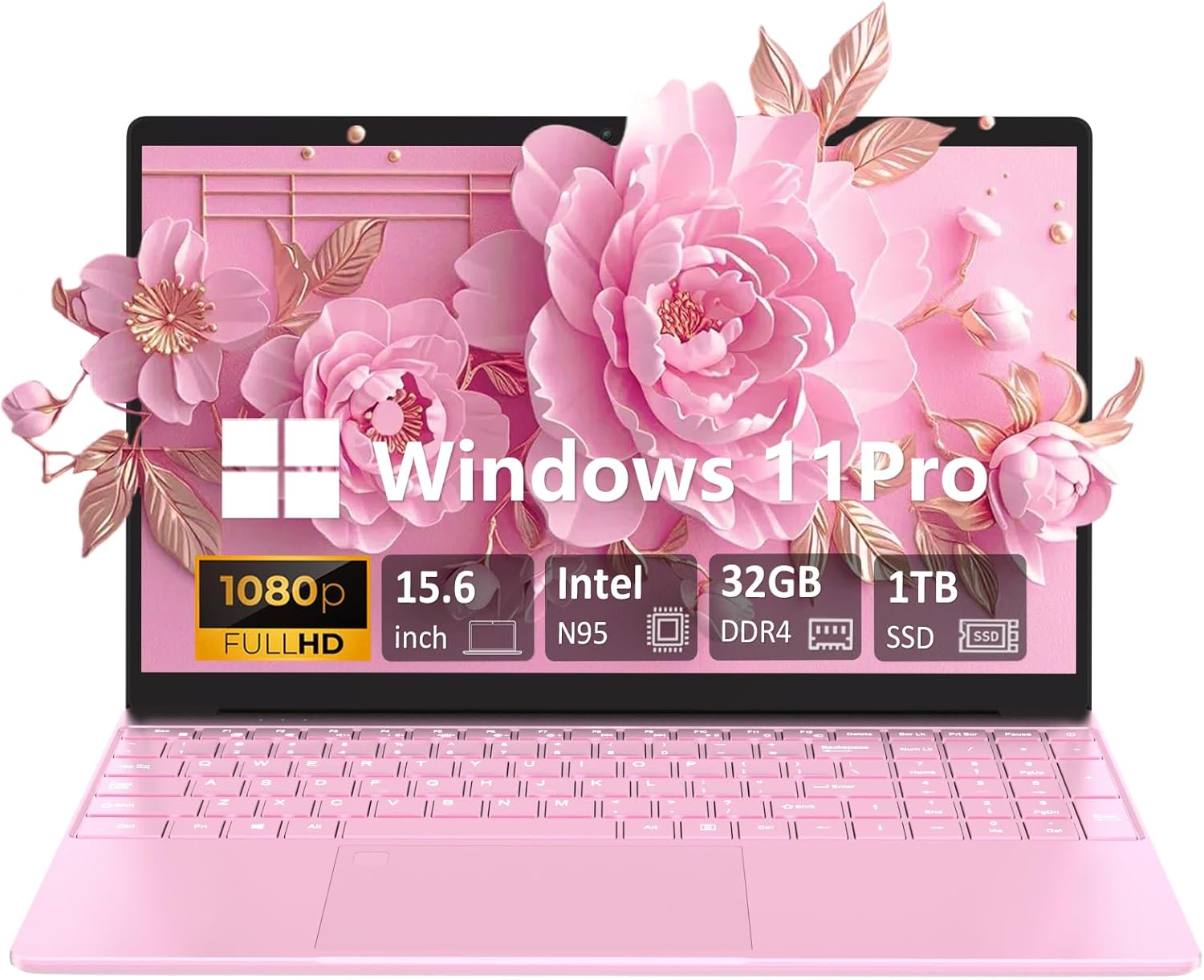 Student Laptop, 15.6″ FHD Display, Intel Quad-core Processor, 32GB RAM, 1TB M.2 PCle NVMe SSD, 2 Year Protection, Backlit Keyboard, Webcam, Bluetooth, SD Card Reader, Win 11 Pro, Pink