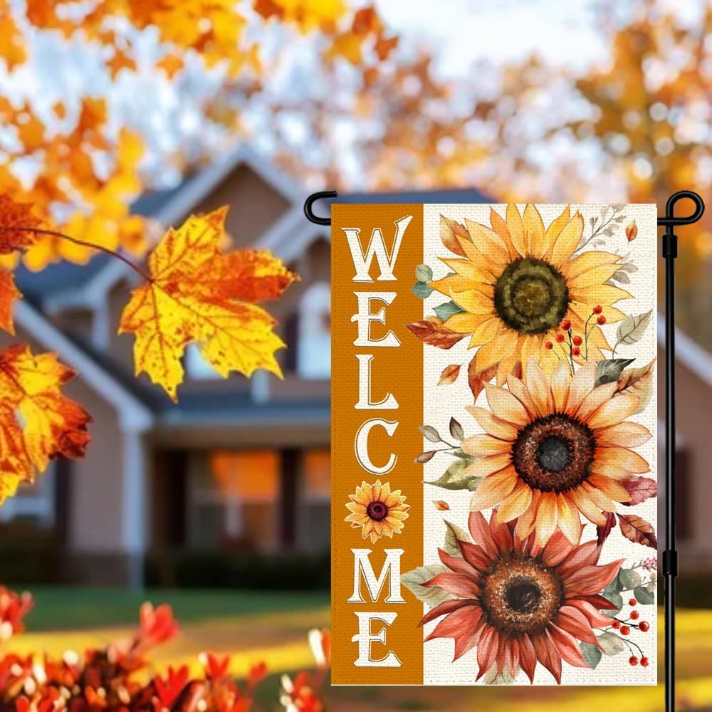RABUSOFA Fall Welcome Sunflower Garden Flag 12x18 Double Sided,Autumn Thanksgiving Floral Leaves Porch Decoration for Home Yards Outdoor Lawn Small Flags (orange, 12"x18") - Image 5
