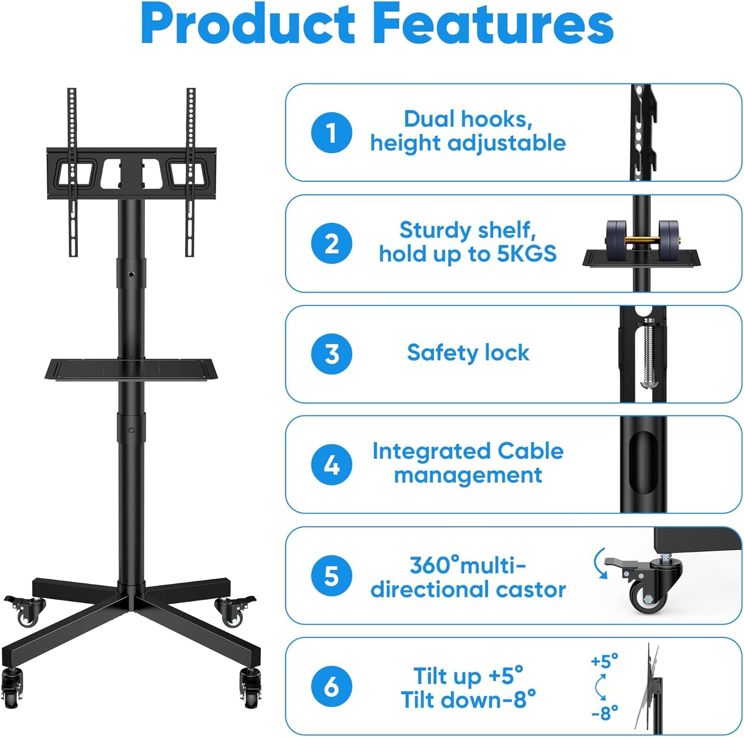 FORGING MOUNT Supporto TV da Pavimento per 26-60 Pollici TV, Altezza Regolabile Carrello Porta TV con Ruote Fino a 45kg, Porta TV da Terra Mobile con Scaffale per Laptop, Max VESA 400x400mm