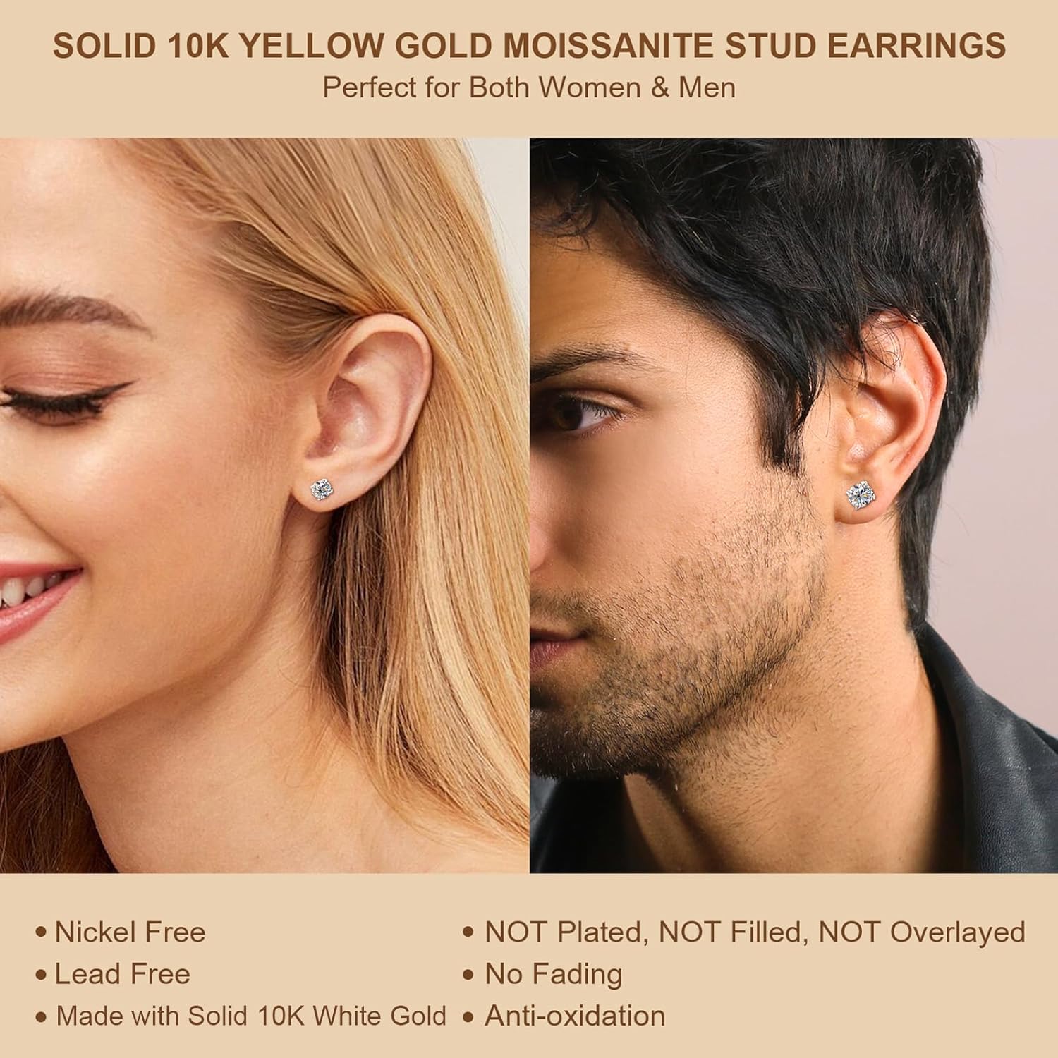 10K Solid White Yellow Gold Stud Earrings for Men, 0.2ct - 4.0ct Solitaire Round Moissanite Earrings with 10K Real Gold Secure Screw Backs Earring Fine Jewelry Gifts for Women Men, D Color VVS1