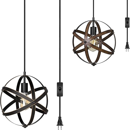 DEWENWILS Lámpara colgante enchufable, estilo industrial de grano de madera, globo de metal, lámpara de entrada de techo vintage con cable de 15