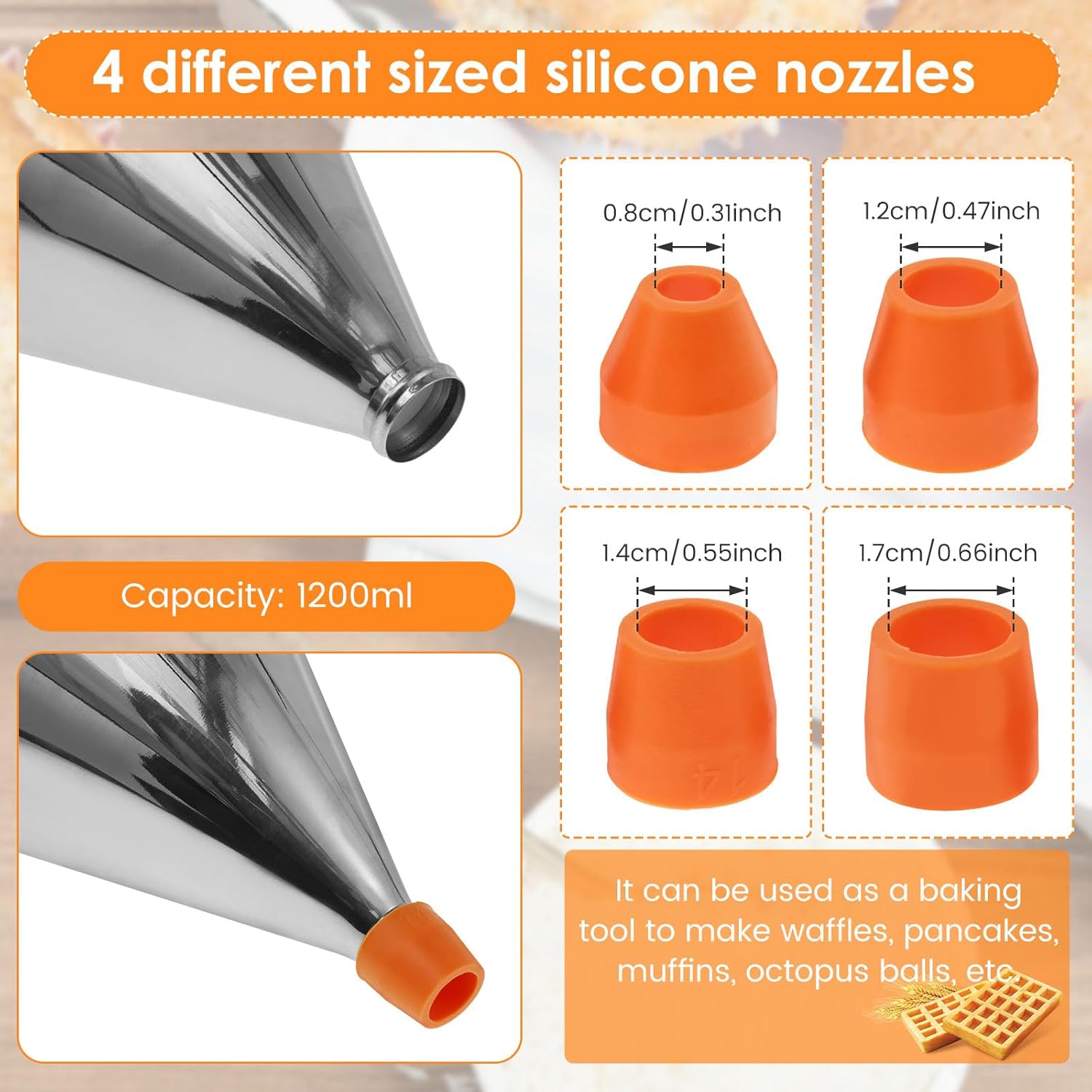 Pancake Batter Dispenser, Stainless Steel Funnel Cake Dispenser with Squeeze Handle and Stand 40oz Large Capacity Pancake Dispenser Versatile Batter Dispenser for Pancakes Cupcakes Baked Goods