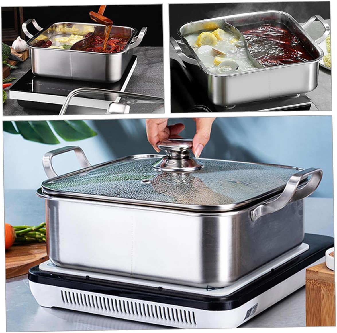 Divided Hot Pot Cooker Stainless Steel with Glass Lid, Silver