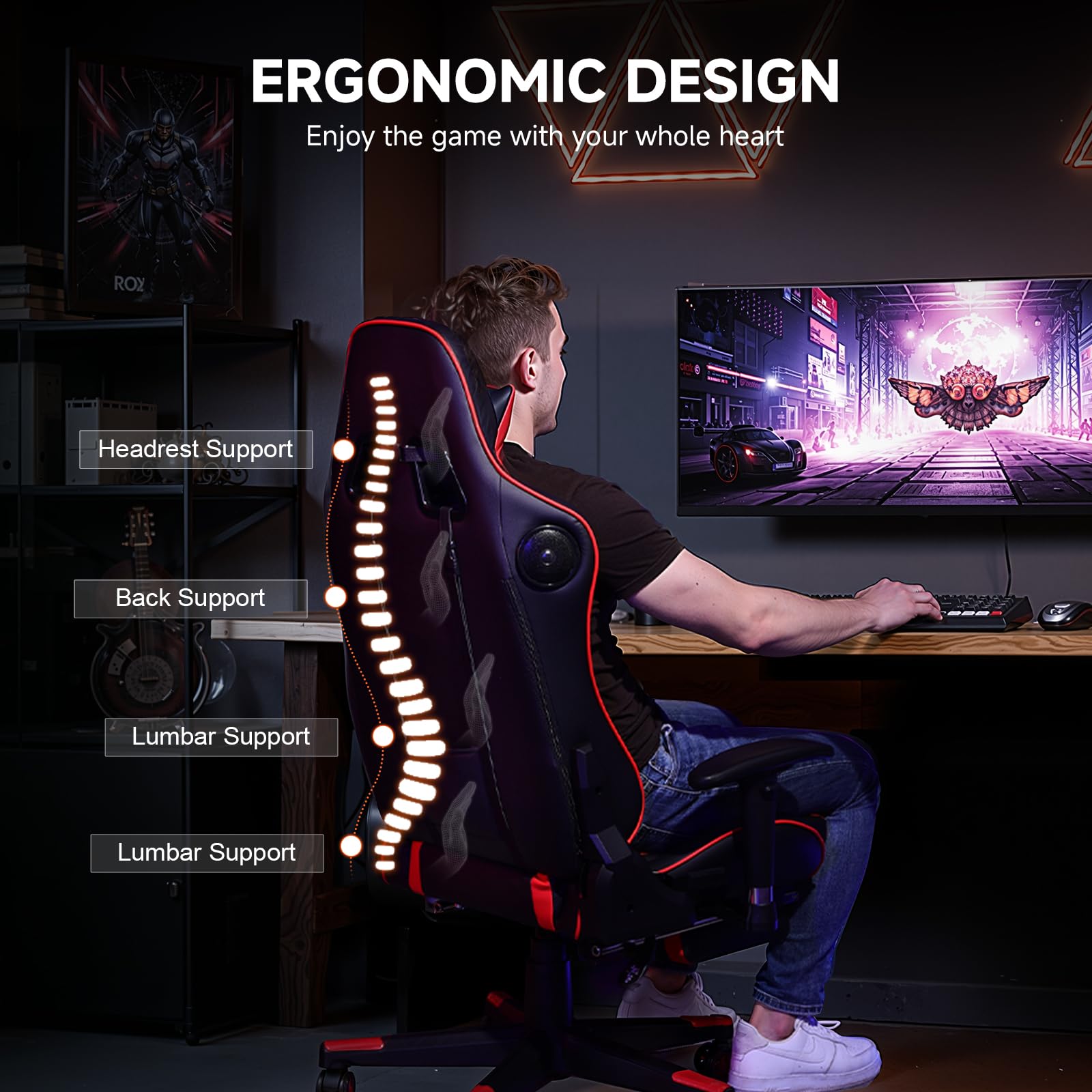 GTPLAYER Sedia da gioco con altoparlanti Bluetooth, schienale e altezza regolabili, braccioli 3D, poggiapiedi, sedia ergonomica per computer per giocatori (rosso mattone)