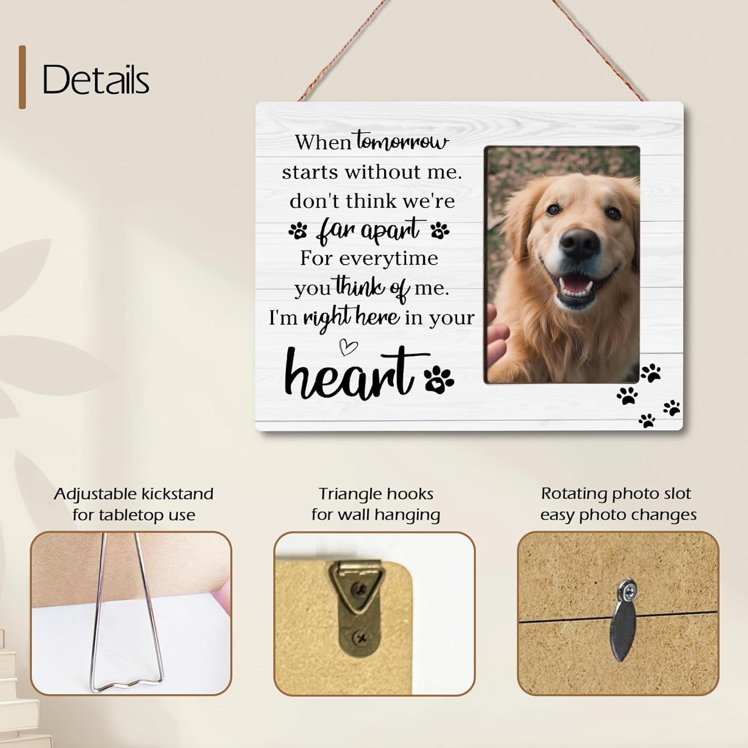 Pet Memorial Gifts for Loss of Pet, Right Here In Your Heart, Cat Dog Memorial Wooden Picture Frame Sympathy Gifts, Fits 4x6 Photo Frame - Image 6